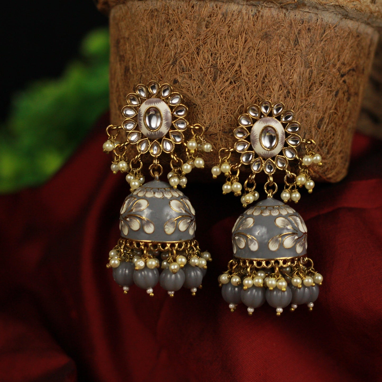 Beautiful Handpainted Floral Meenakari Kundan Top Jhumkas - Grey - Happy Pique 