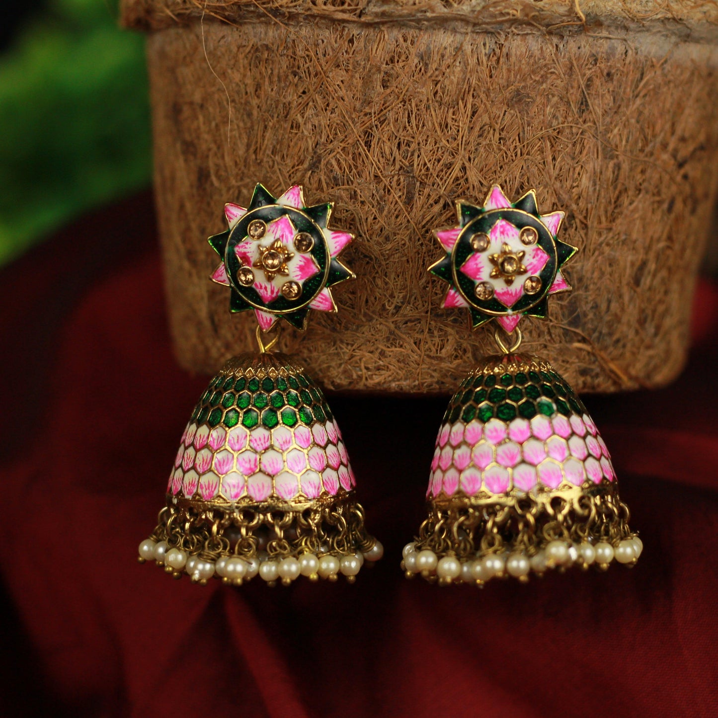 Honey Comb Meenakari Bollywood Festive Jhumkas - Green & Rose - Happy Pique 