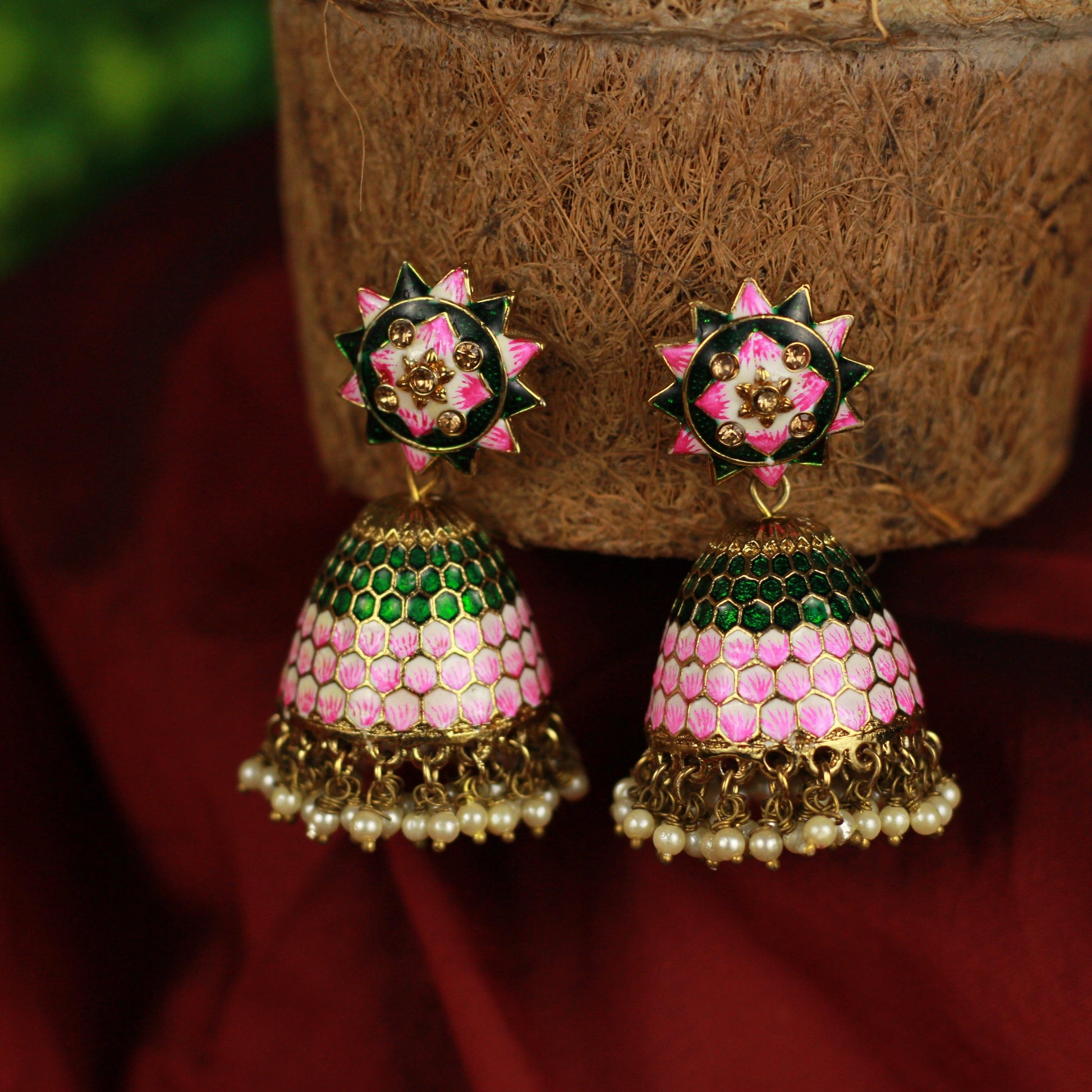 Honey Comb Meenakari Bollywood Festive Jhumkas - Green & Rose - Happy Pique 