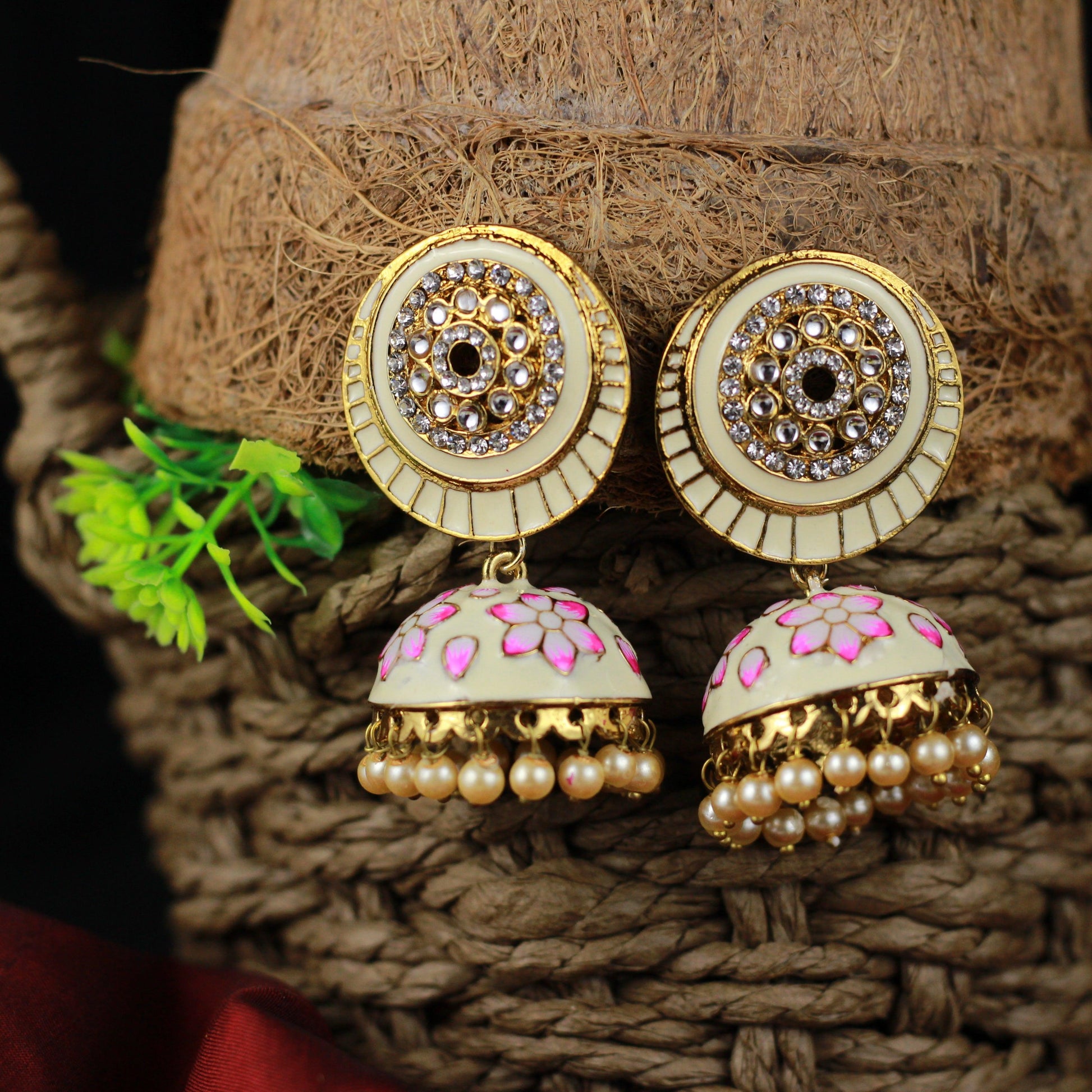 Full Moon Meenakari Jhumkas - Cream White - Happy Pique 