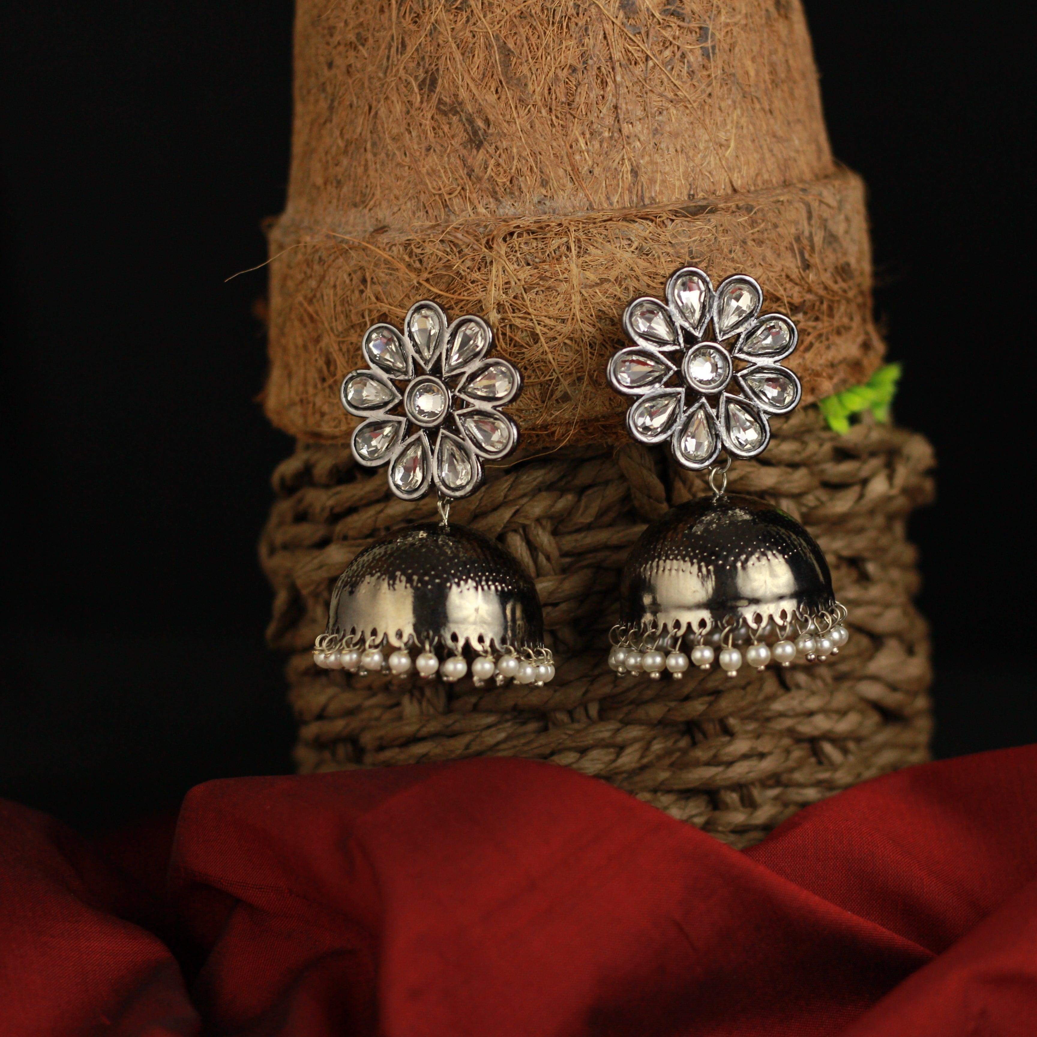 CZ Stone Flower Top Bollywood Festive Elegant Antique Silver Jhumkas - Happy Pique 