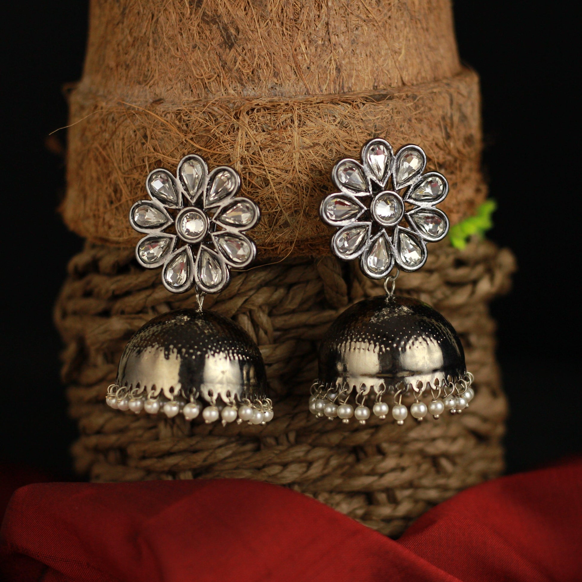 CZ Stone Flower Top Bollywood Festive Elegant Antique Silver Jhumkas - Happy Pique 