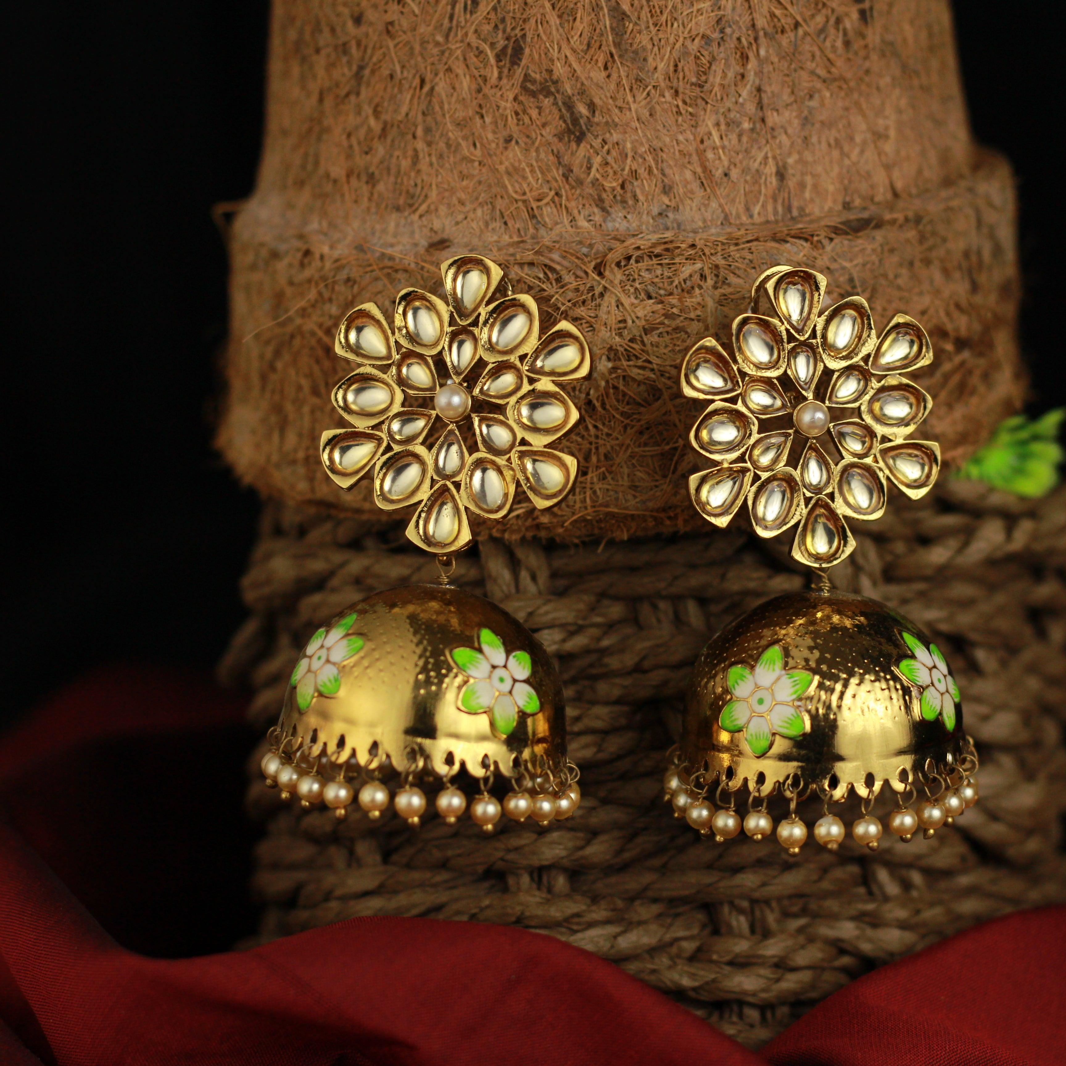 Kundan Ethnic Flower Designer Bollywood Festive Jhumkas - Happy Pique 