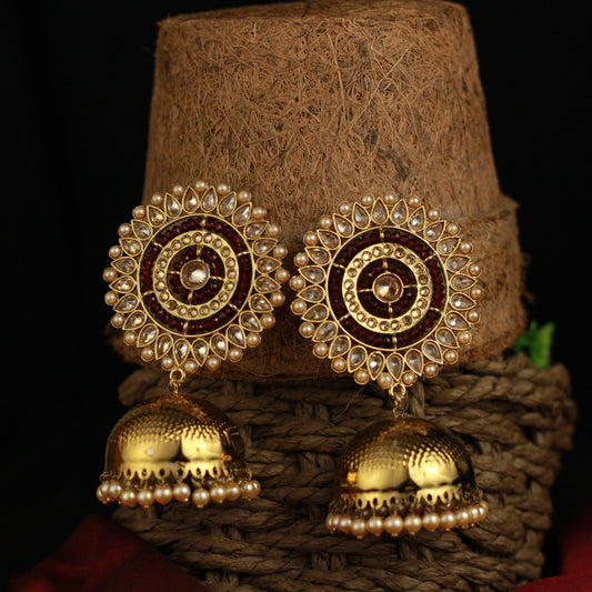 Big Chakri Long Bollywood Festive Oversized Jhumkas - Gold & Maroon - Happy Pique 