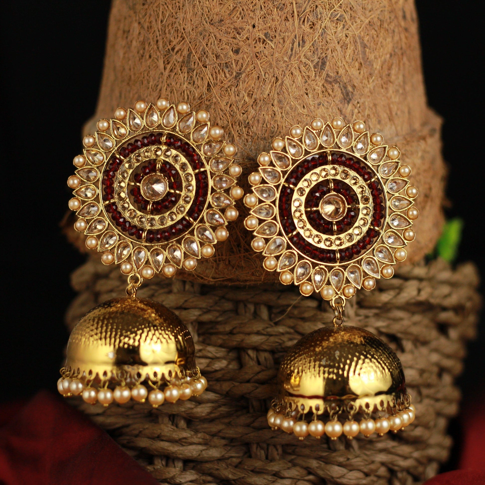 Big Chakri Long Bollywood Festive Oversized Jhumkas - Gold & Maroon - Happy Pique 