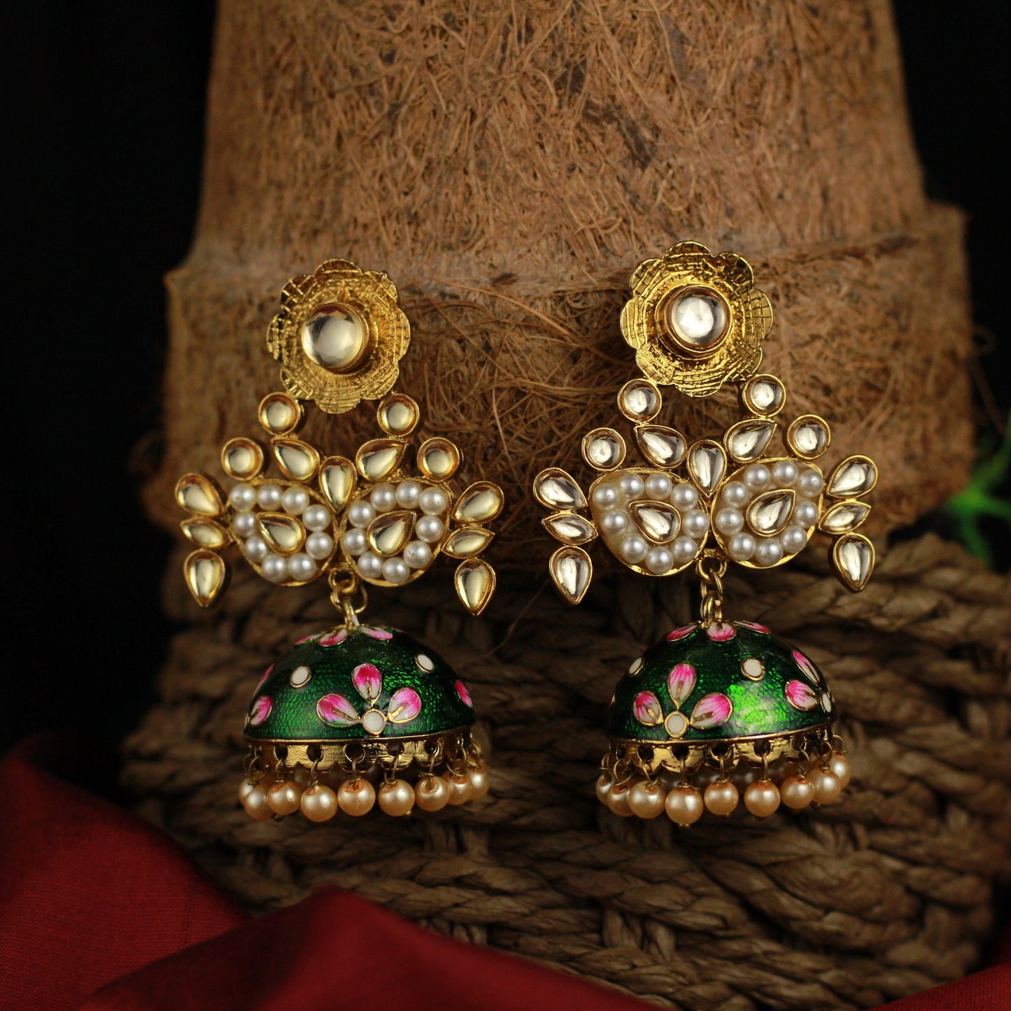 Floral Designer Kundan Pearl Meenakari Jhumkas - Green - Happy Pique 