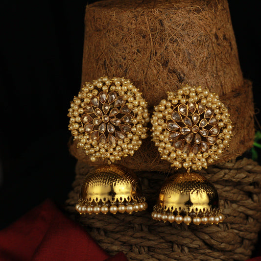 Big Polki Stones Studded Cluster Pearl Top Bollywood Festive Jhumkas - Gold - Happy Pique 