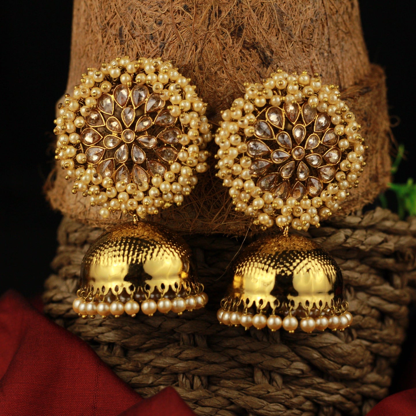 Big Polki Stones Studded Cluster Pearl Top Bollywood Festive Jhumkas - Gold - Happy Pique 