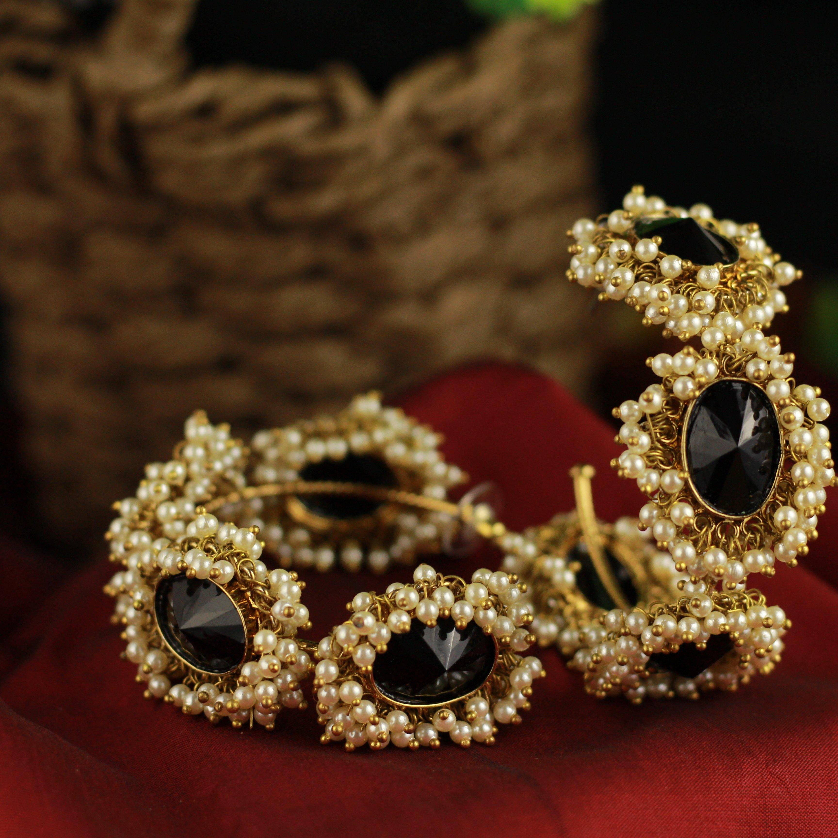 Antique Gold Oversized AD Stones Cluster Pearl Bangle Hoops - Black - Happy Pique 