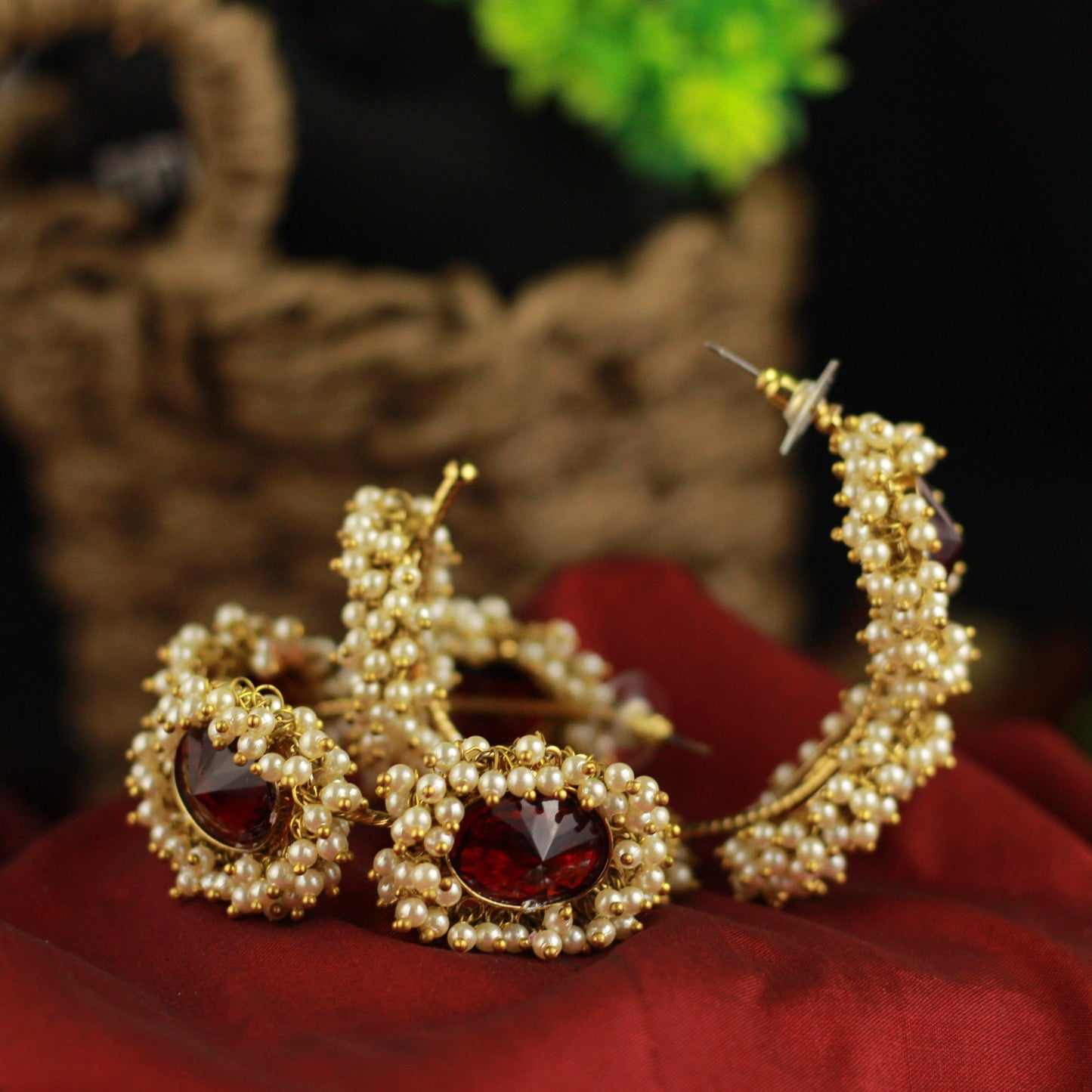 Antique Gold Oversized AD Stones Cluster Pearl Bangle Hoops - Deep Red - Happy Pique 