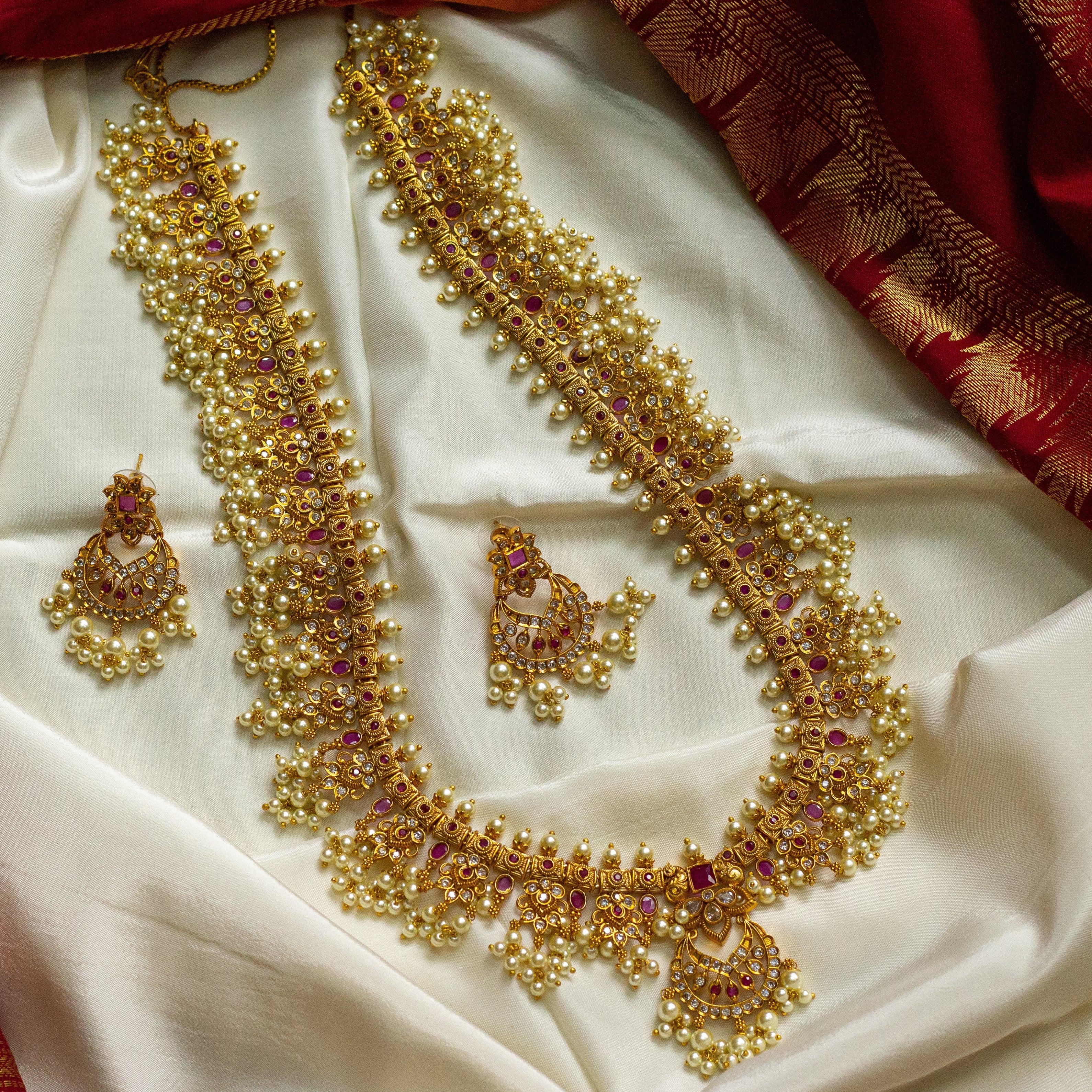 Matte Finish Chaandini Bridal Guttapusalu Haaram Set - Ruby