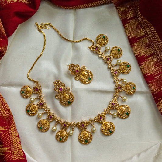 Gold Look AD Kemp Lakshmi Coin Necklace Set