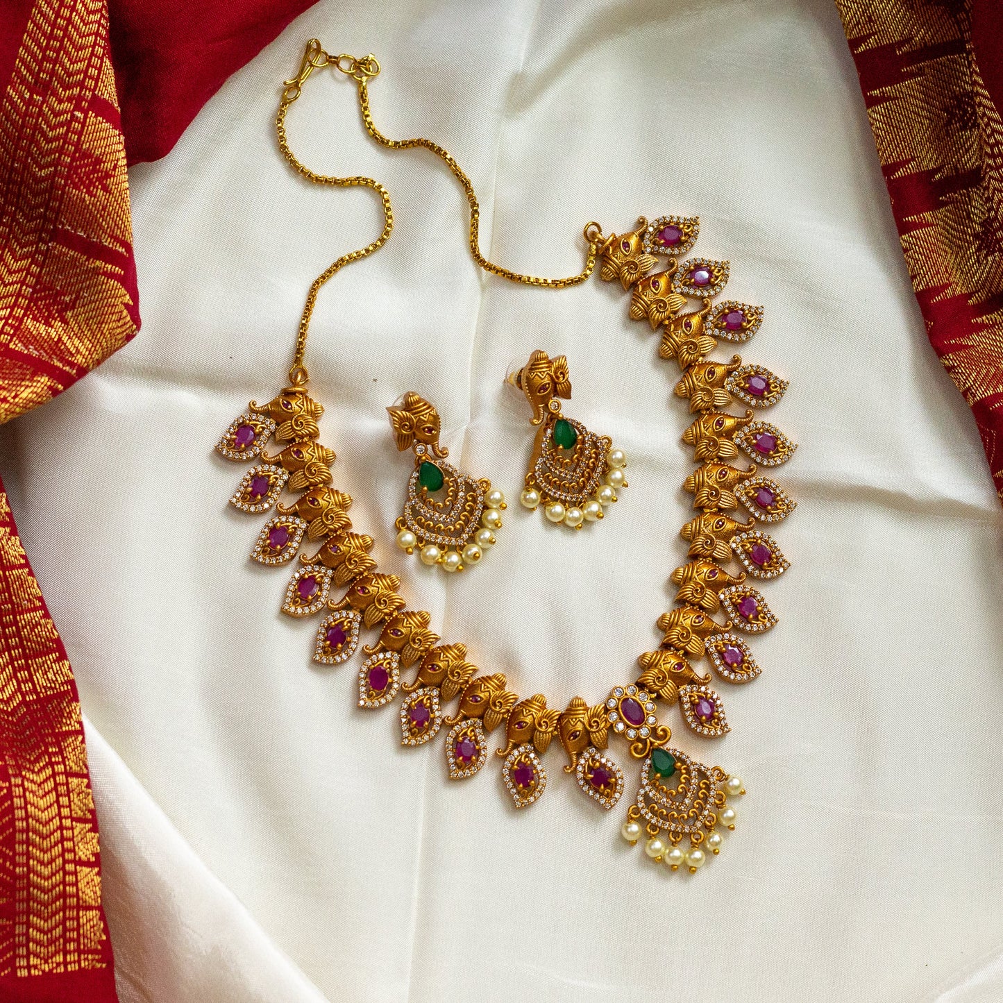 Matte Finish AD Ganapathy Necklace Set