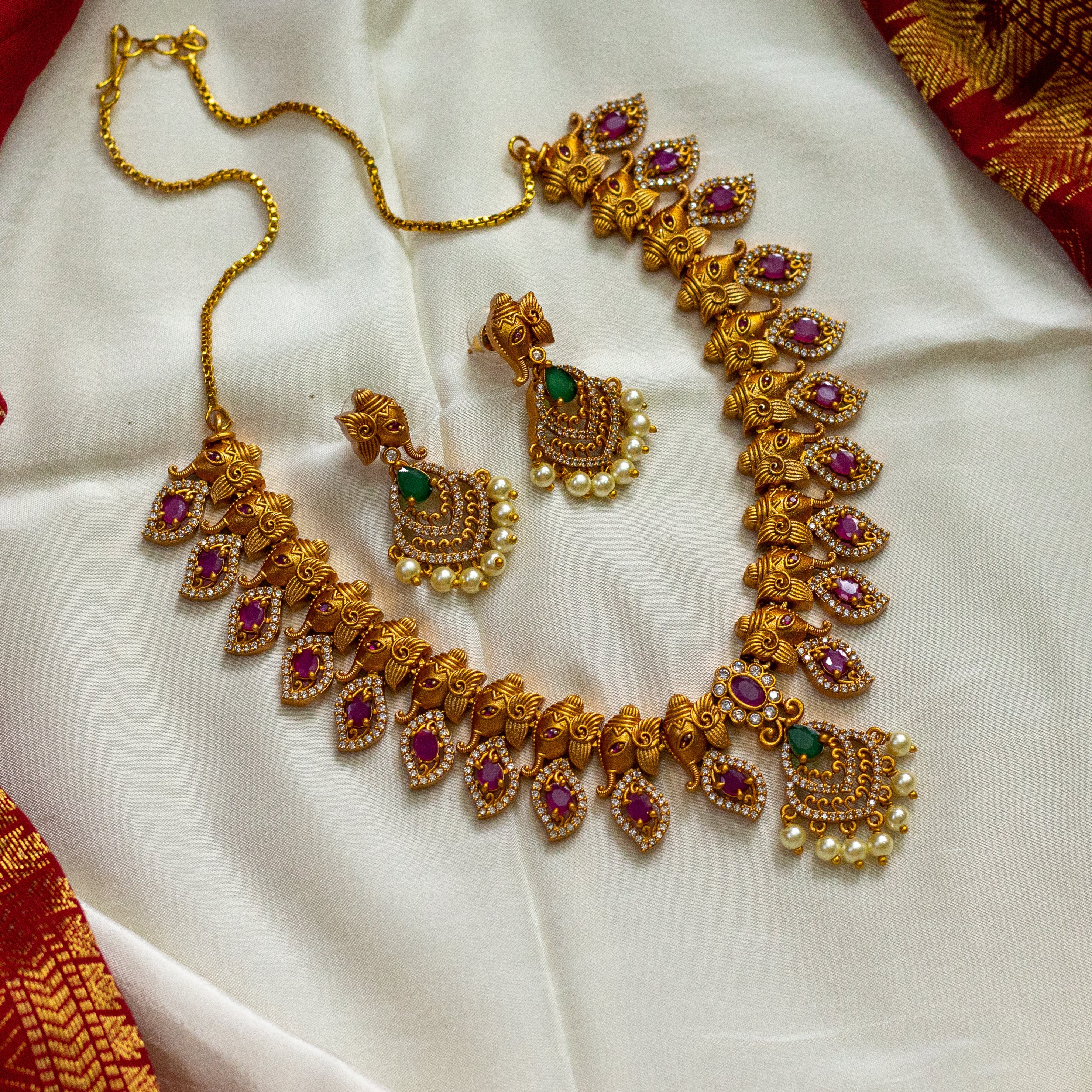 Matte Finish AD Ganapathy Necklace Set