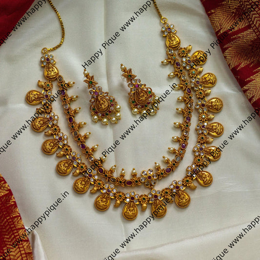 Two Line Real Kemp AD Lakshmi Kaasu Necklace Set