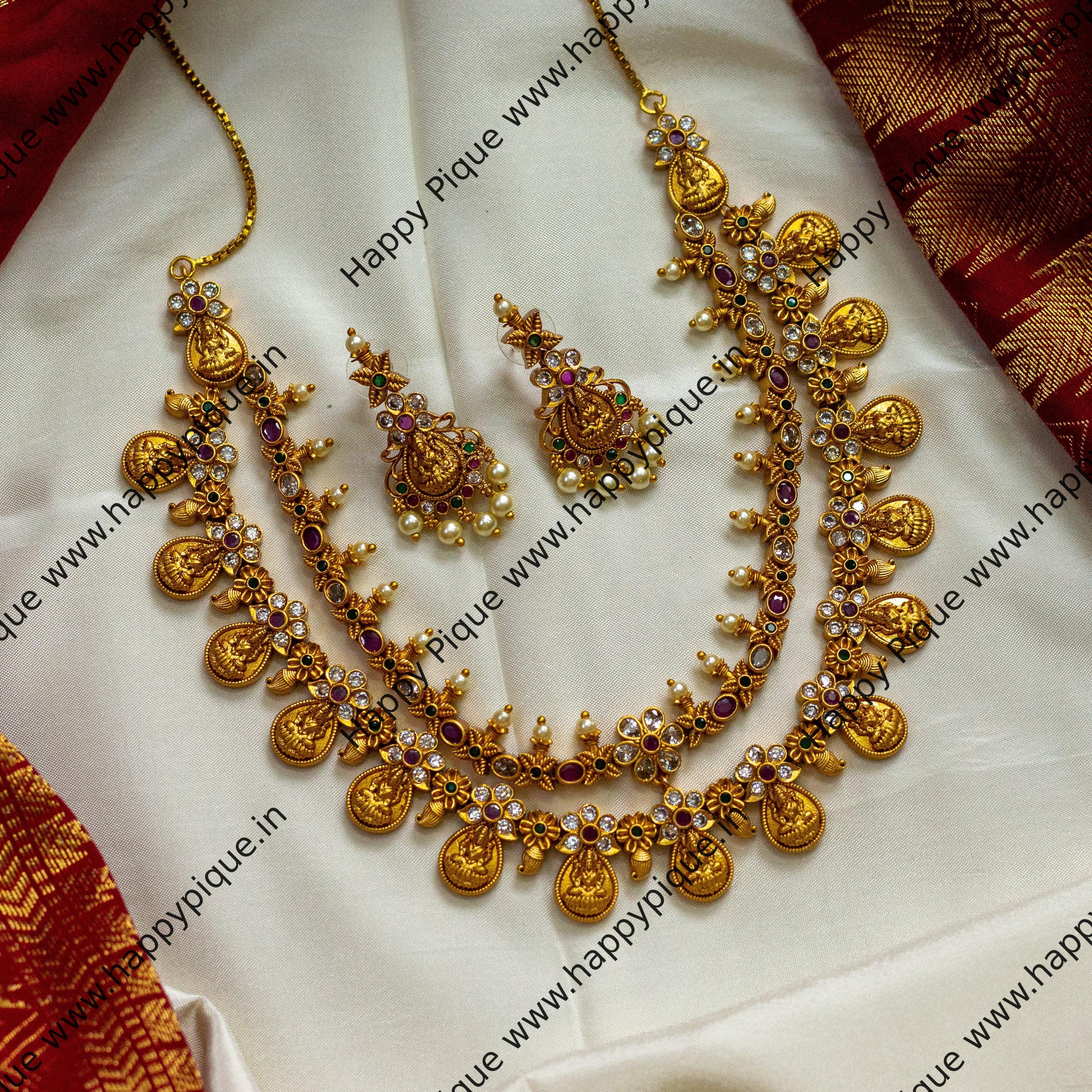 Two Line Real Kemp AD Lakshmi Kaasu Necklace Set