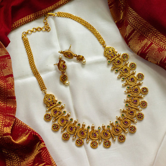 Gold Look Real Kemp Annam Flower Necklace Set