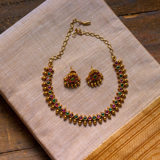 Antique Gold Kids Friendly Button Necklace Set - Red & Green