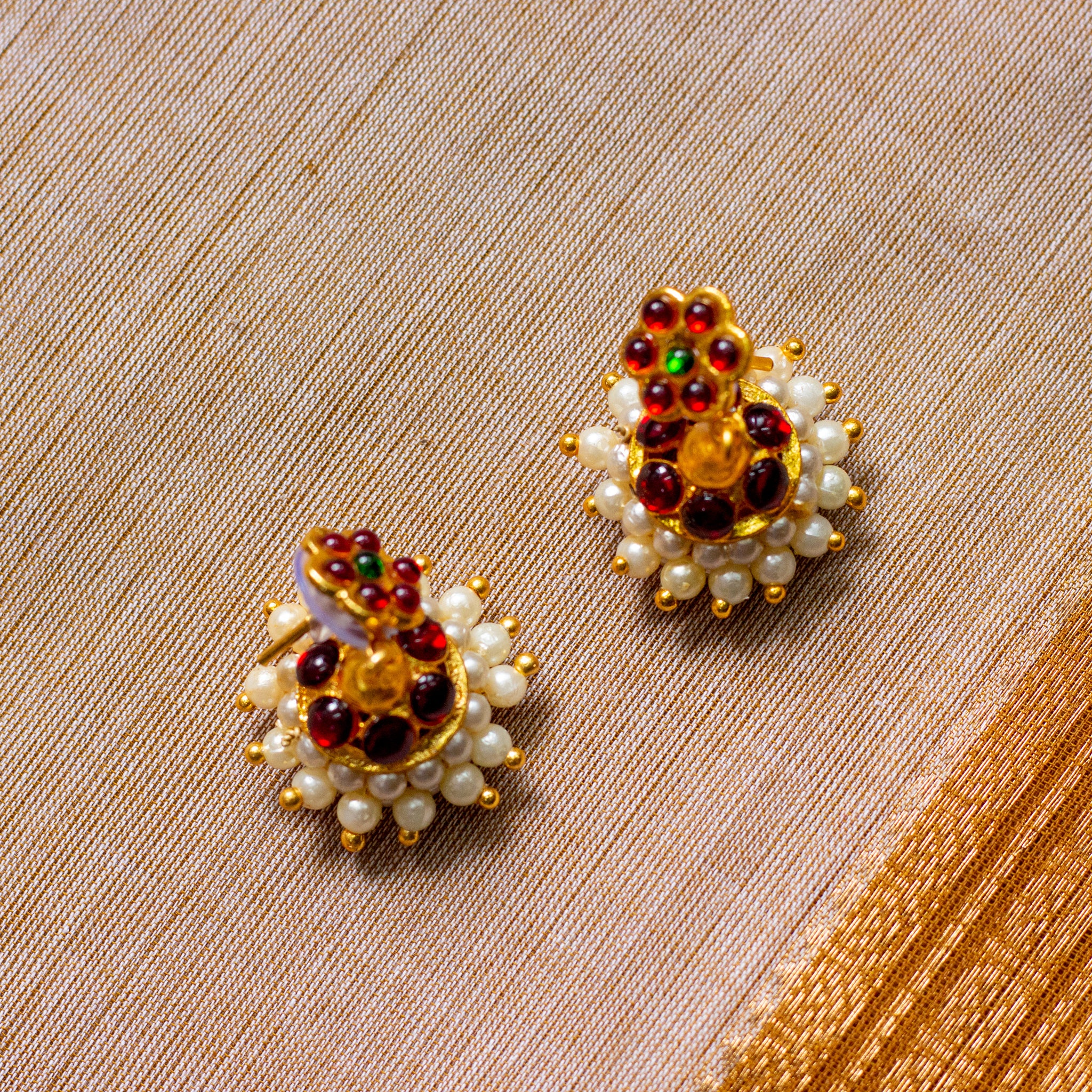 Basic One Line Traditional Kemp Junior Jhumkas - Red & Green