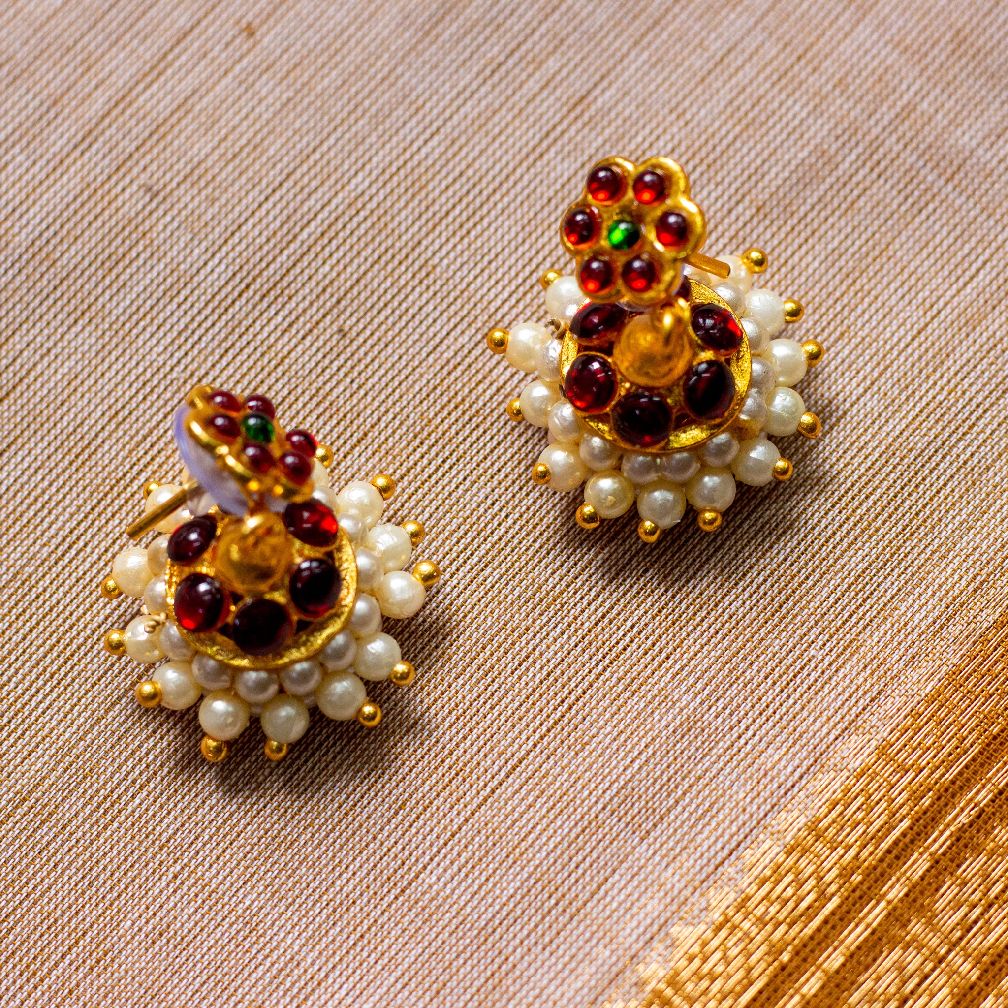 Basic One Line Traditional Kemp Junior Jhumkas - Red & Green