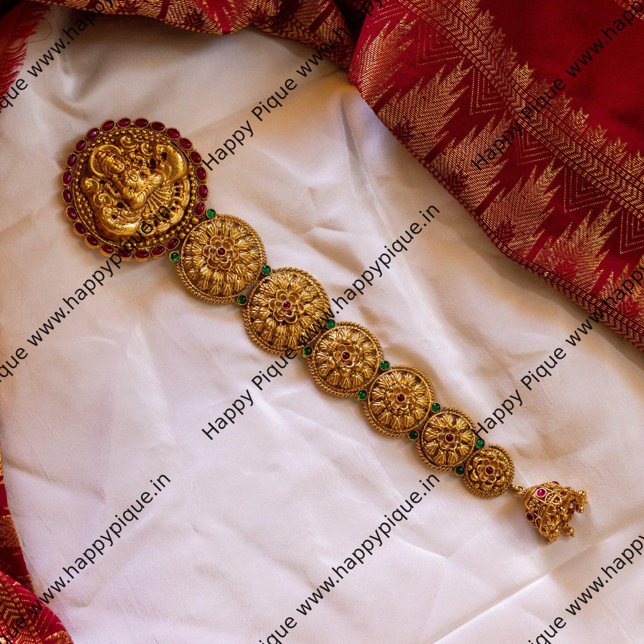 Real Gold Look Gajalakshmi Heavy Nagas Work Kemp Bridal Choti/Jada Billa