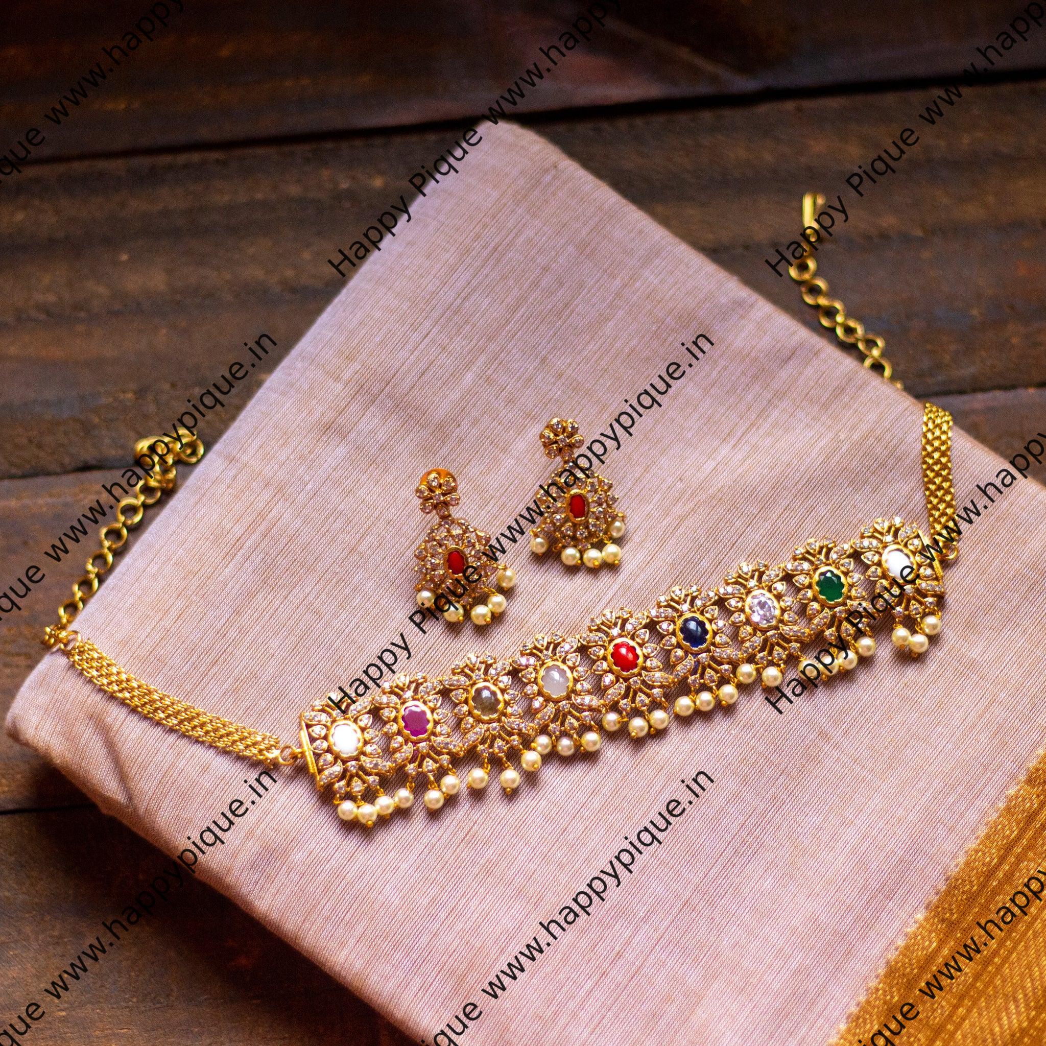 Rectangle AD Stone Choker Set - Navarathna