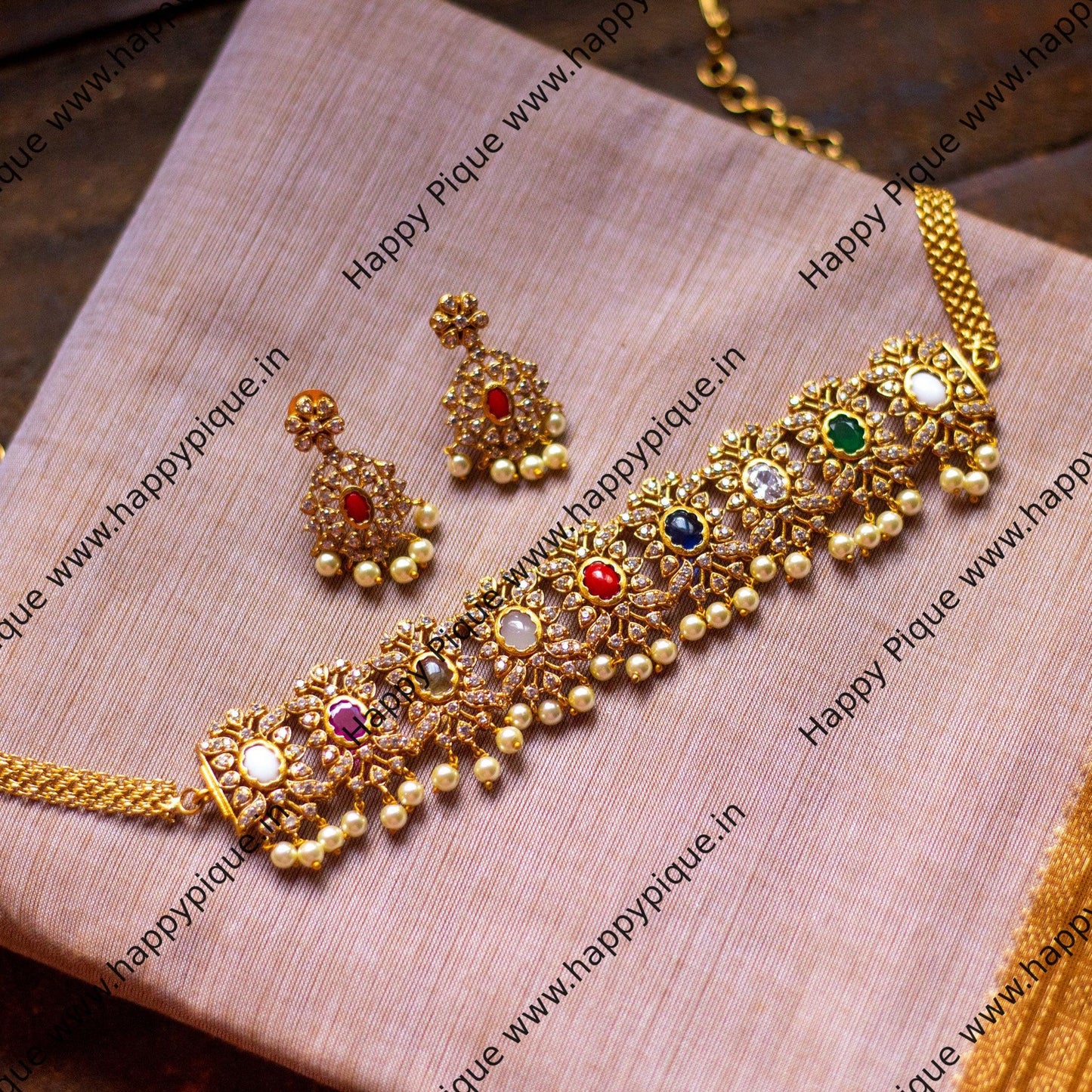 Rectangle AD Stone Choker Set - Navarathna