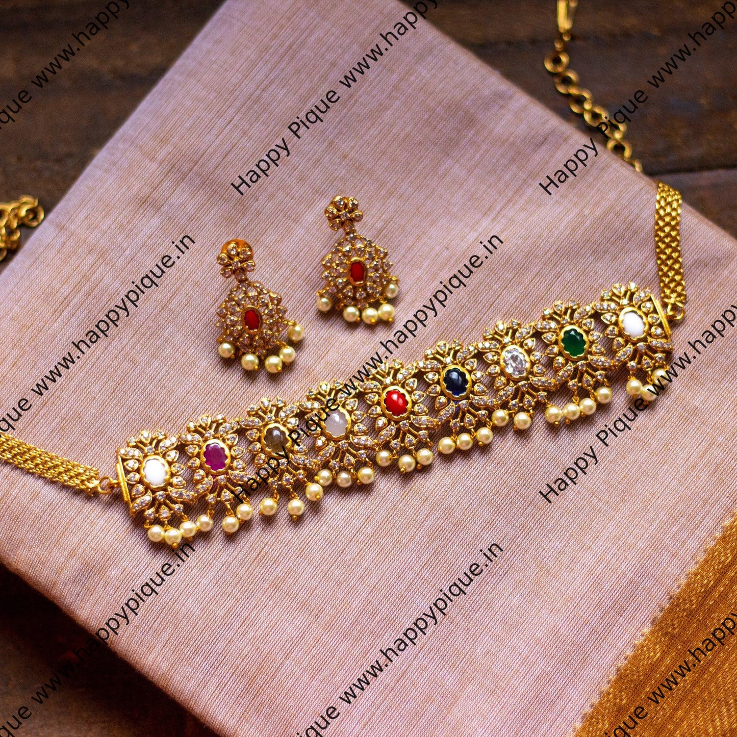 Rectangle AD Stone Choker Set - Navarathna