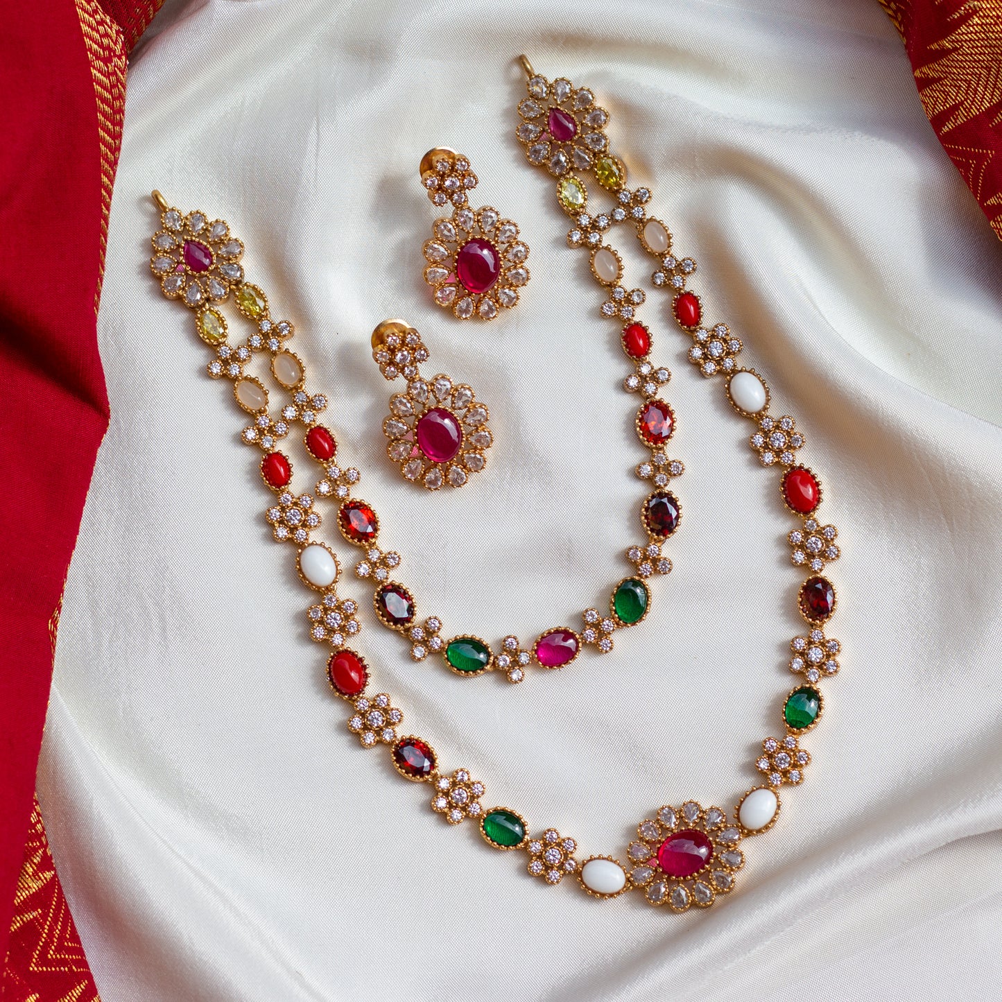 2 Line Floral Navarathna Necklace Set