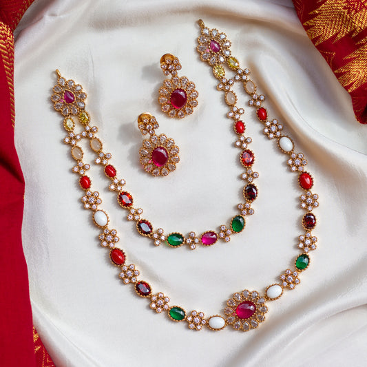 2 Line Floral Navarathna Necklace Set