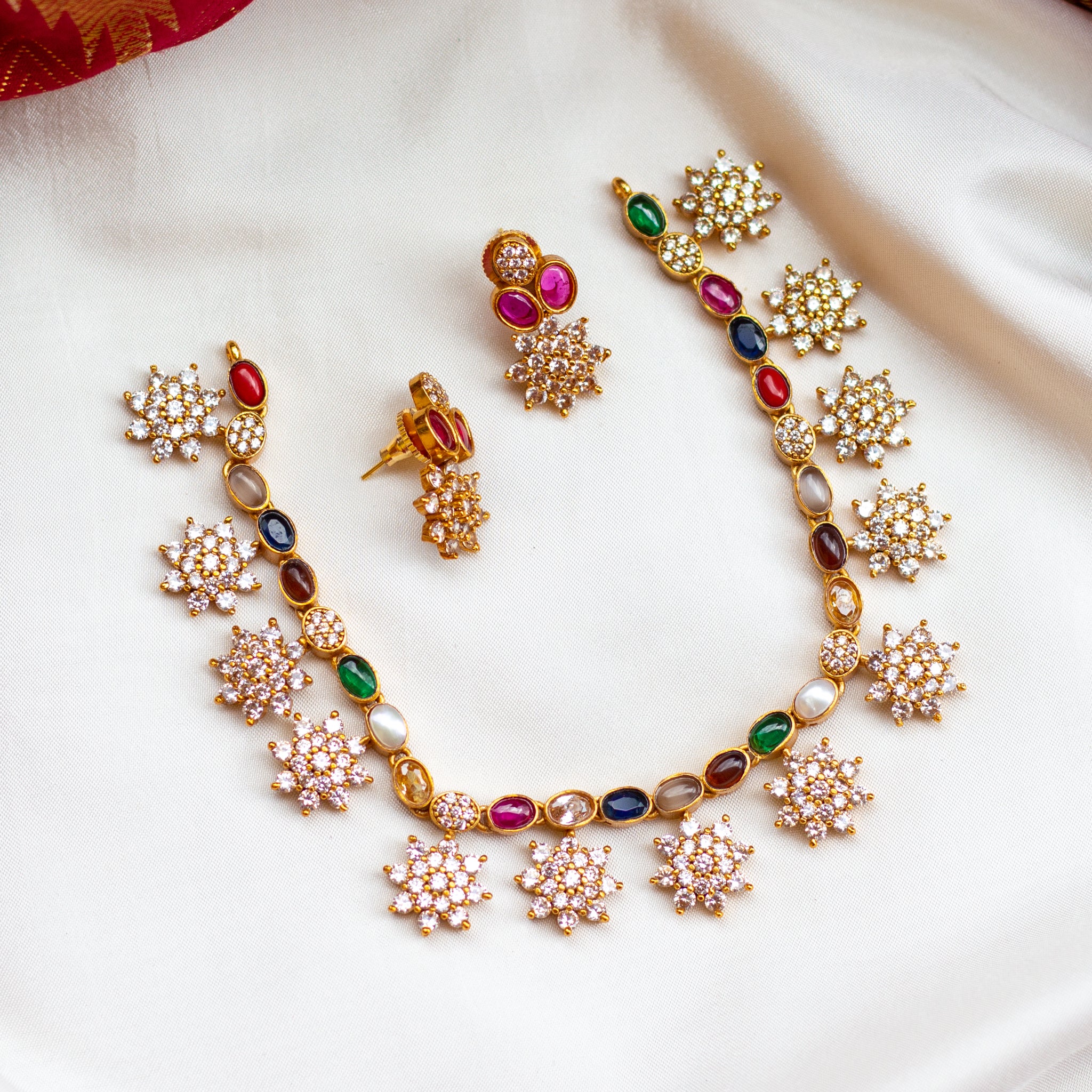 AD Star Matte Gold Look Navarathna Necklace Set