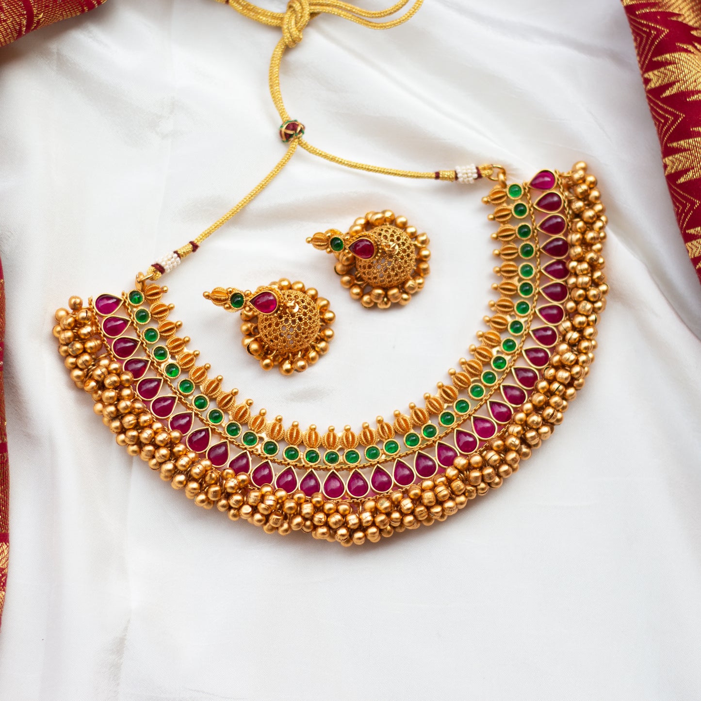 Antique Gold Big Heavy Bridal Ghungroo Kemp Necklace Set - Red & Green