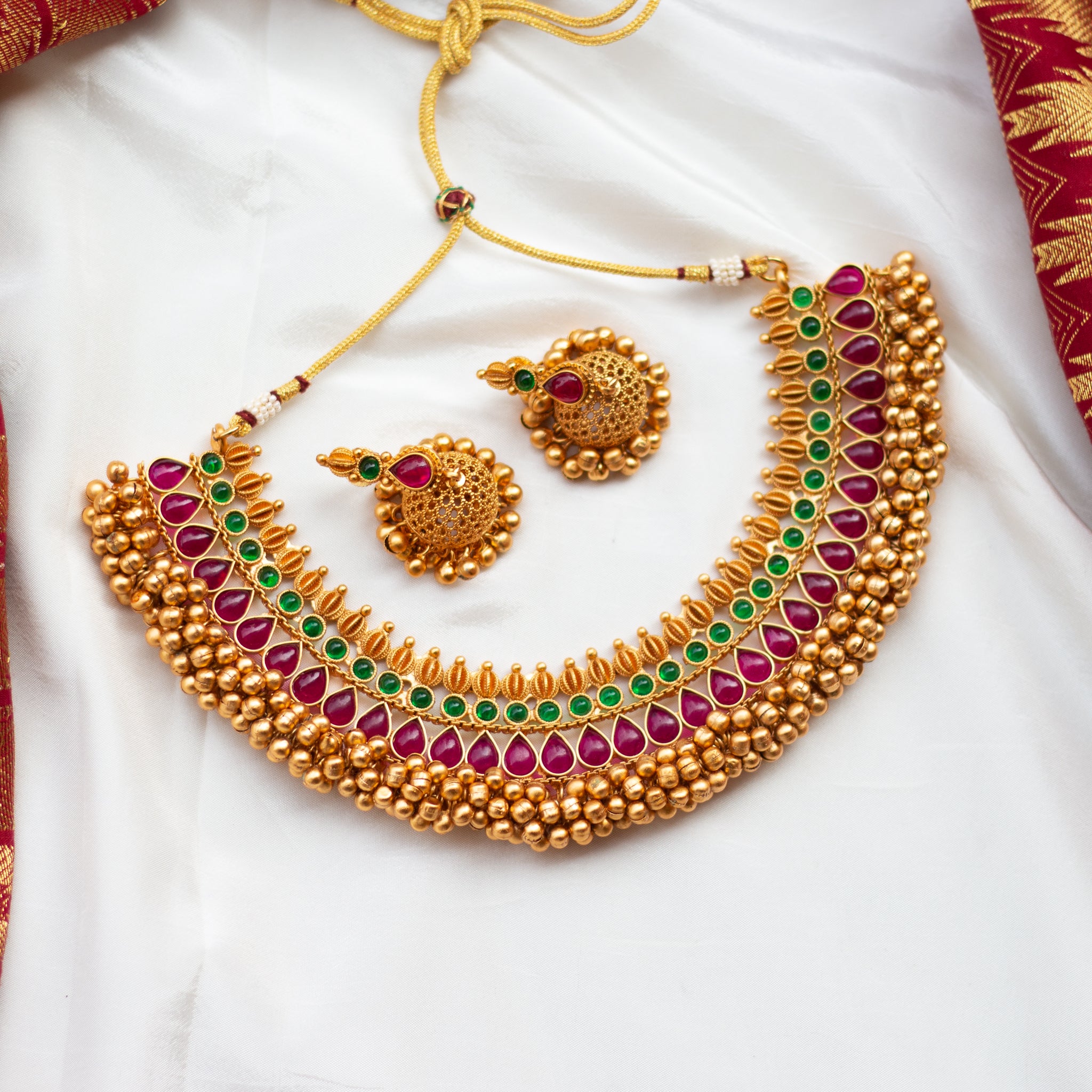 Antique Gold Big Heavy Bridal Ghungroo Kemp Necklace Set - Red & Green