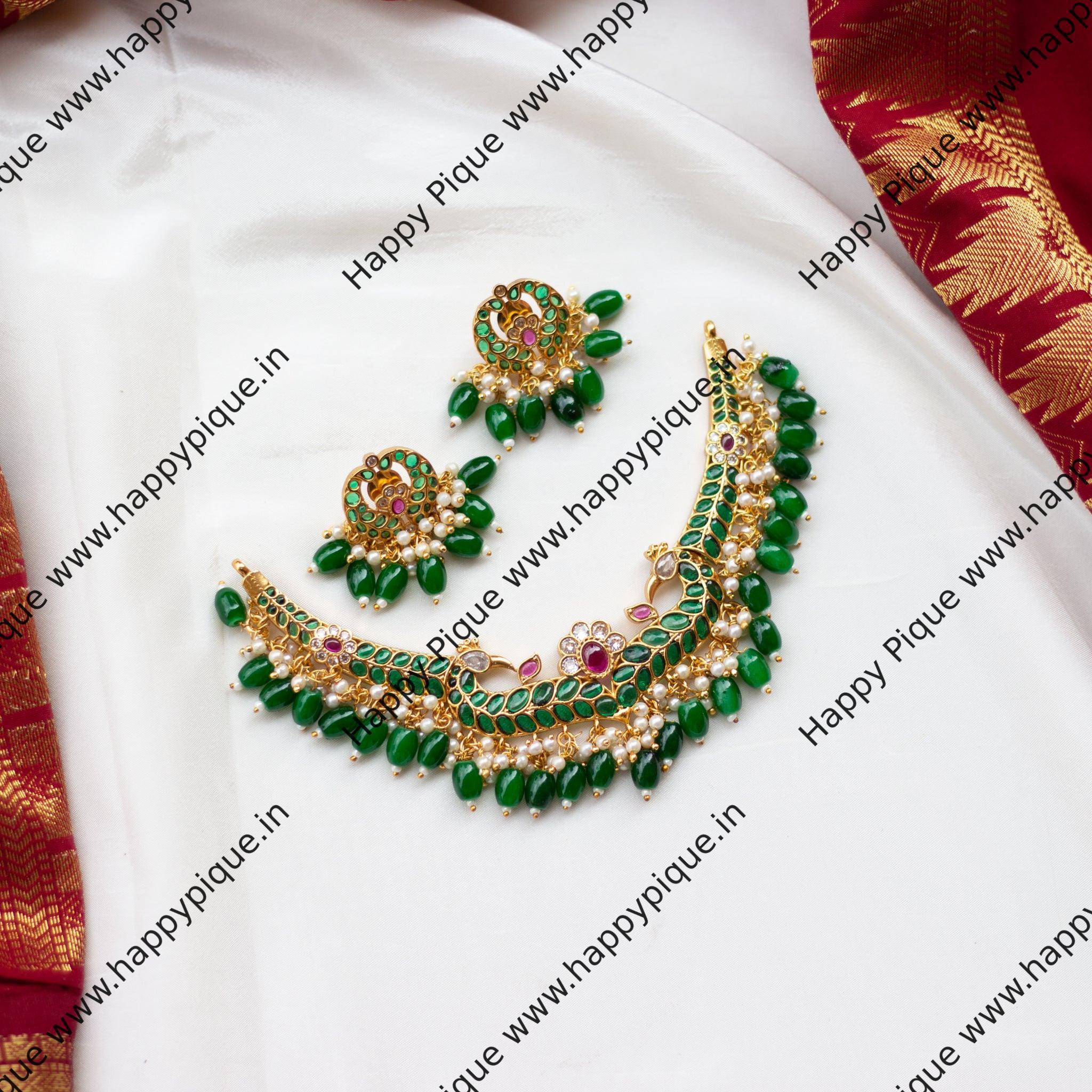 Retta Pakshi Real Kemp Green Beads Necklace Set - Green, Red & White