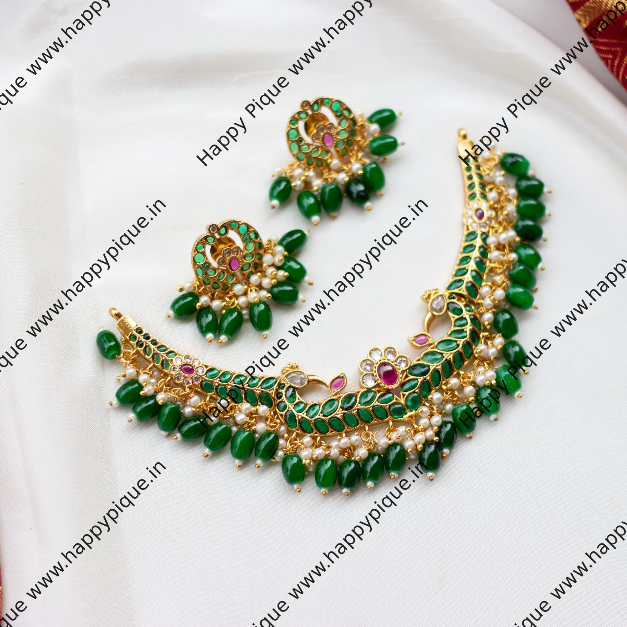 Retta Pakshi Real Kemp Green Beads Necklace Set - Green, Red & White