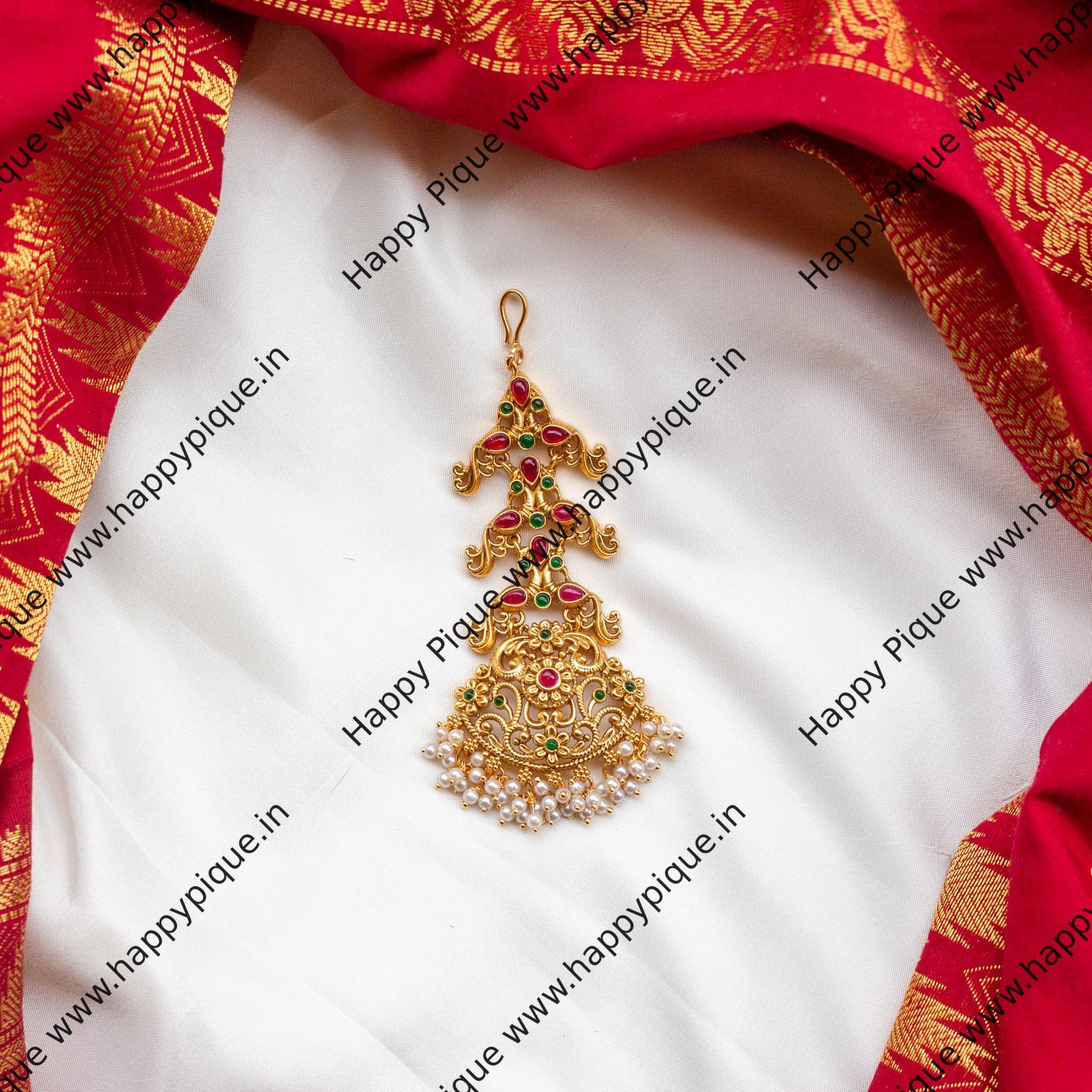 Traditional Rettapakshi Design Kemp Bridal Maang Tikka/Nethi Chutti