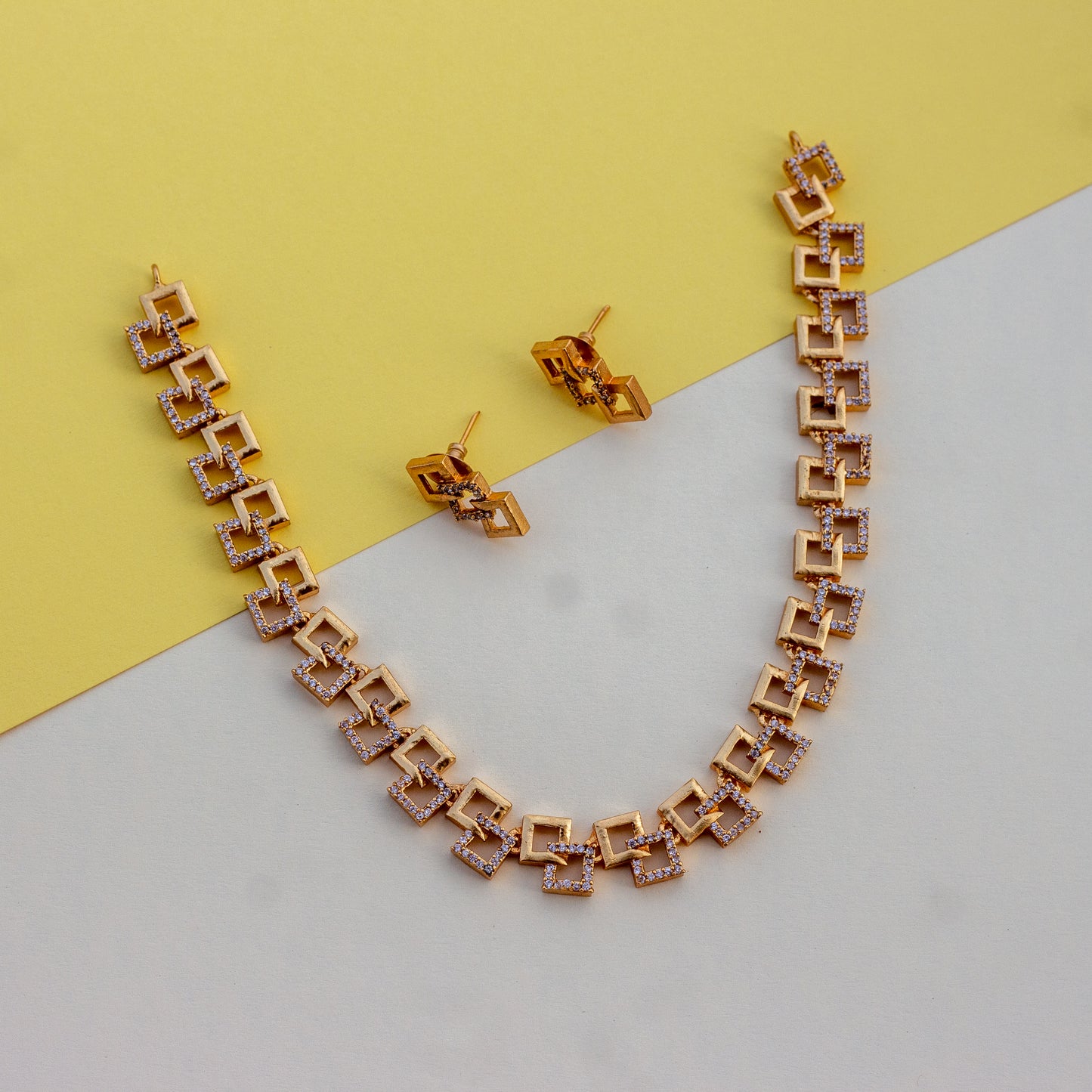 AD Stones Studded Double Squares Necklace Set