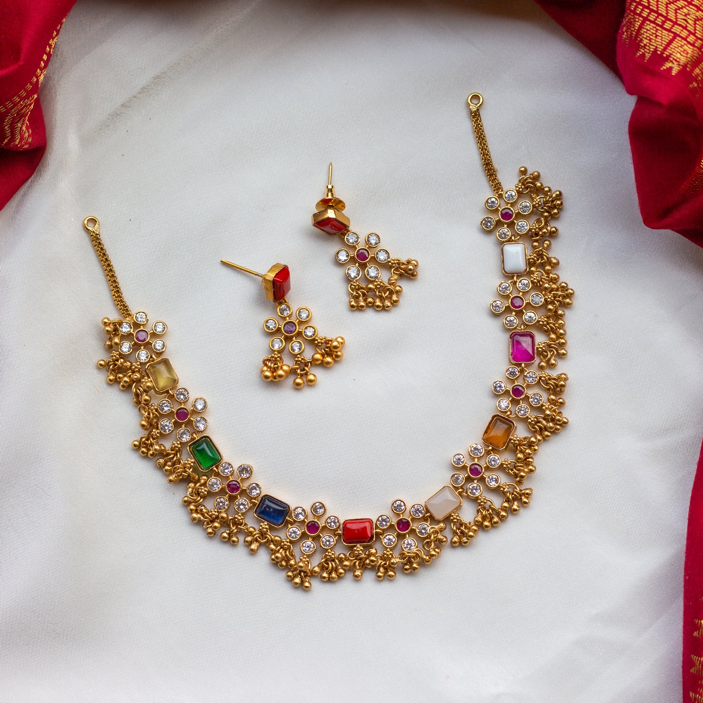 Antique Matte AD Flower Navarathna Necklace Set