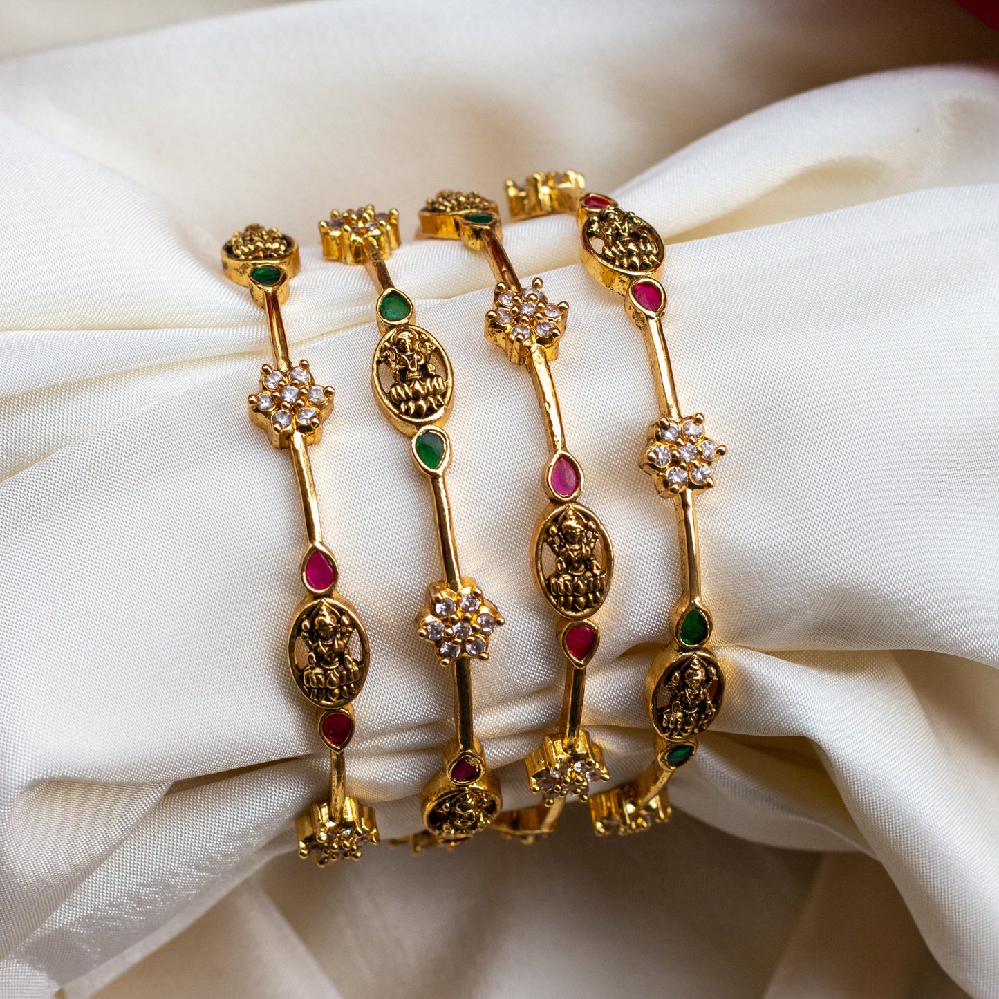 Gold Look Diamond Flower Mahalakshmi Bangles