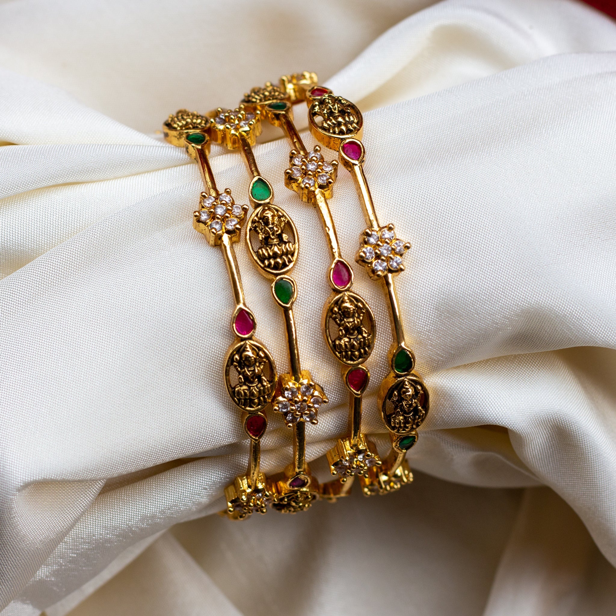 Gold Look Diamond Flower Mahalakshmi Bangles