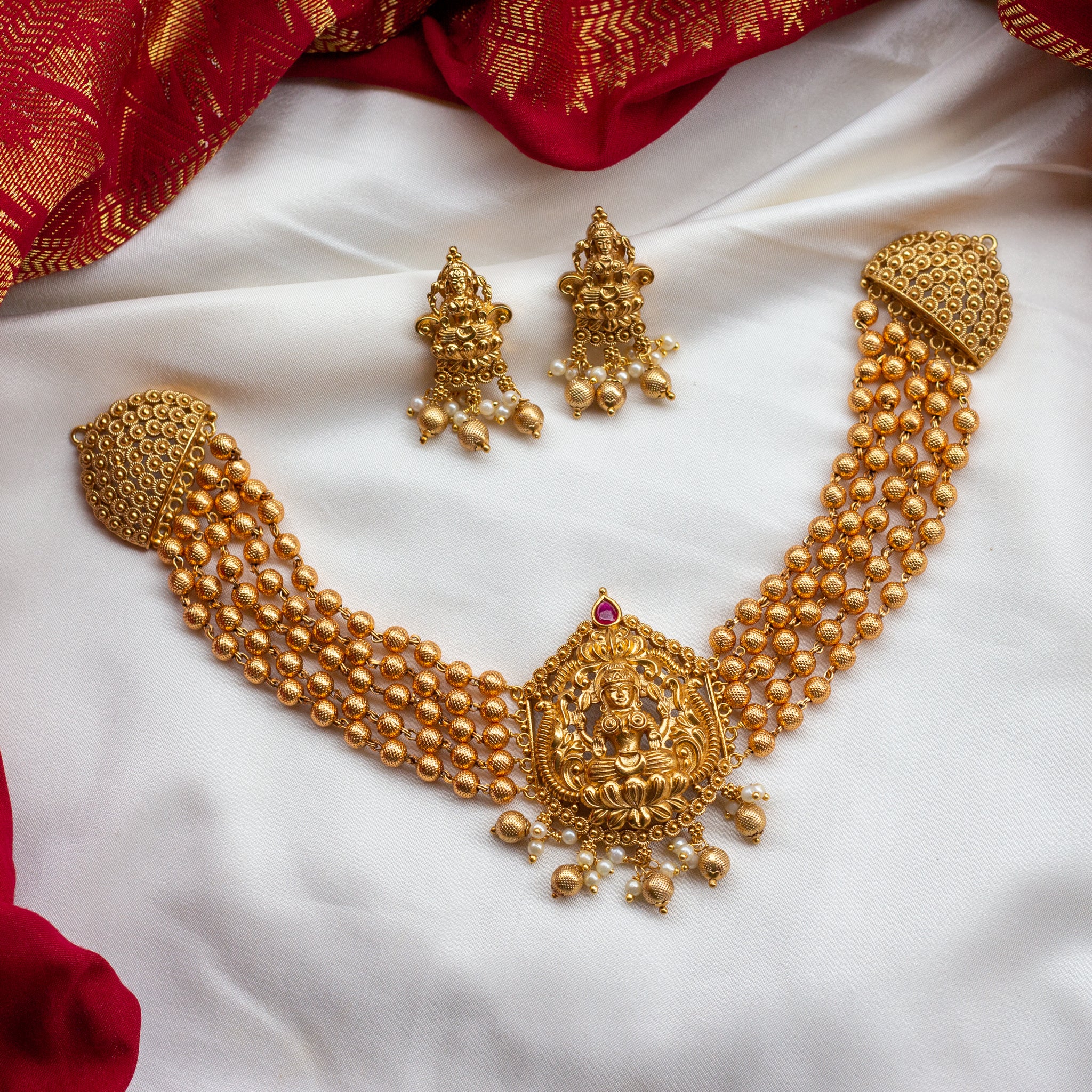 5 Line Gold Balls Matte Finish Mahalakshmi Choker Set