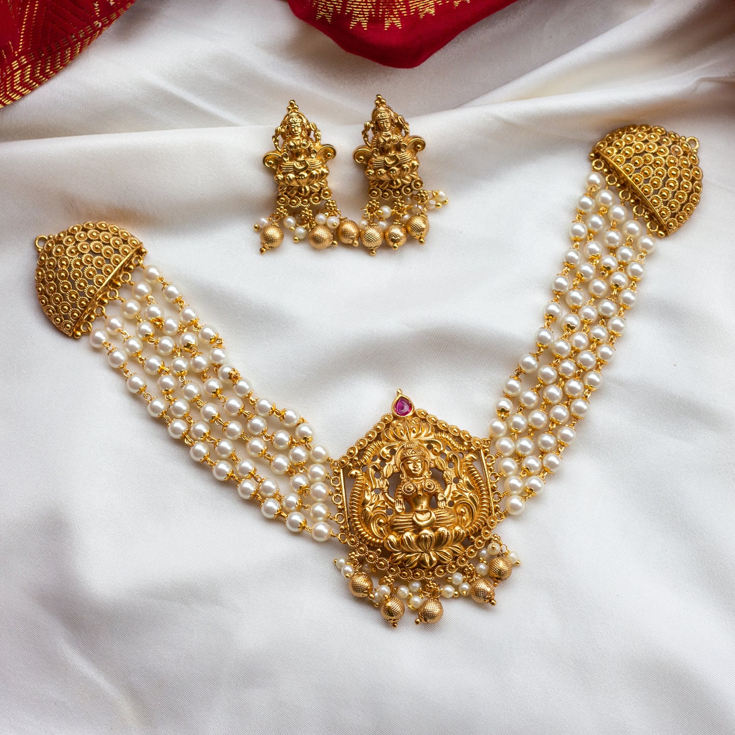 5 Line Pearl Matte Finish Mahalakshmi Choker Set