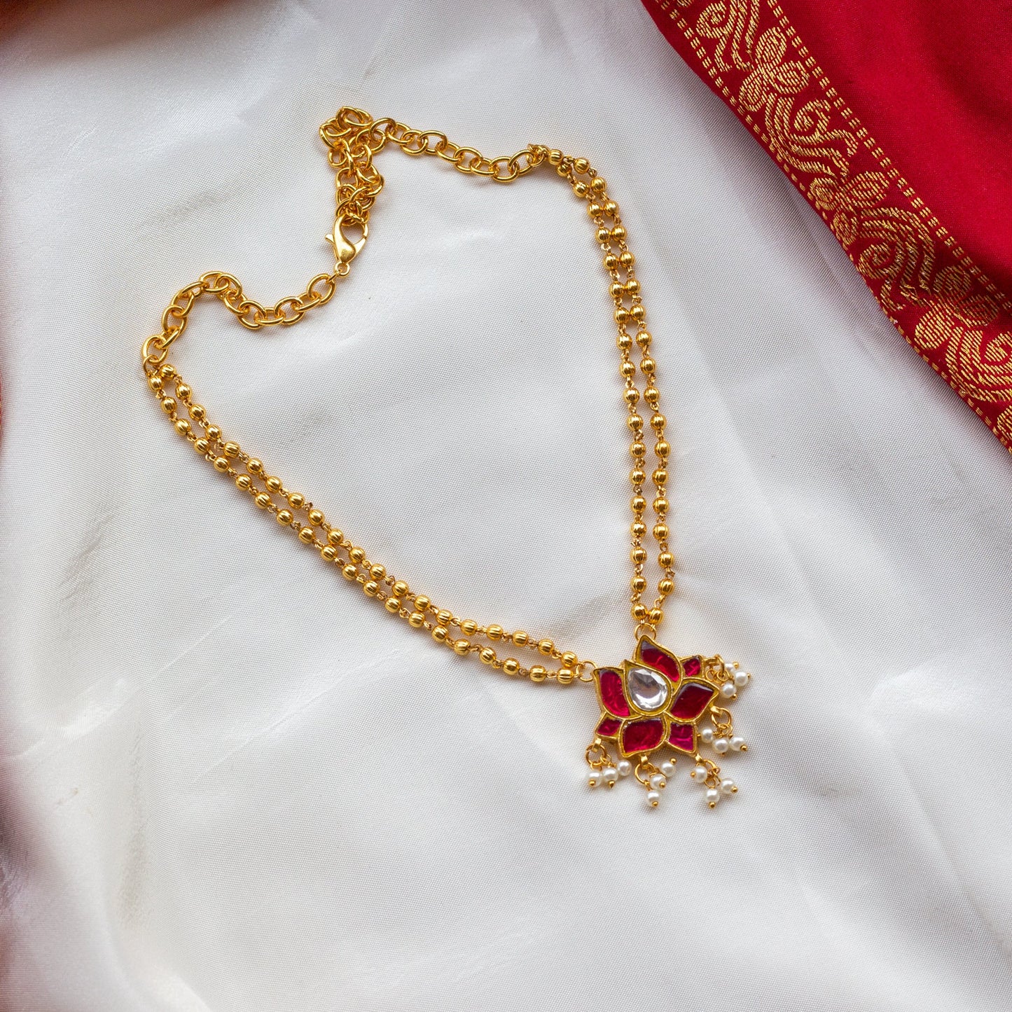 Gold Moti Two Line Lotus Jadau Kundan Kids Friendly Short Necklace