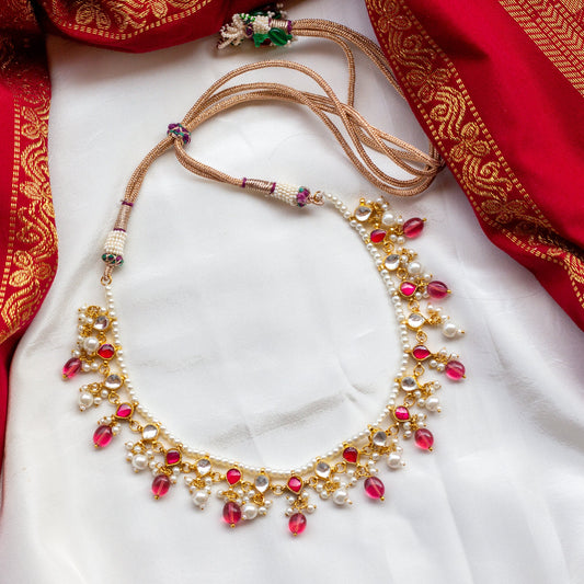 Handmade Pearl Line Jadau Kundan Necklace Set - Rani