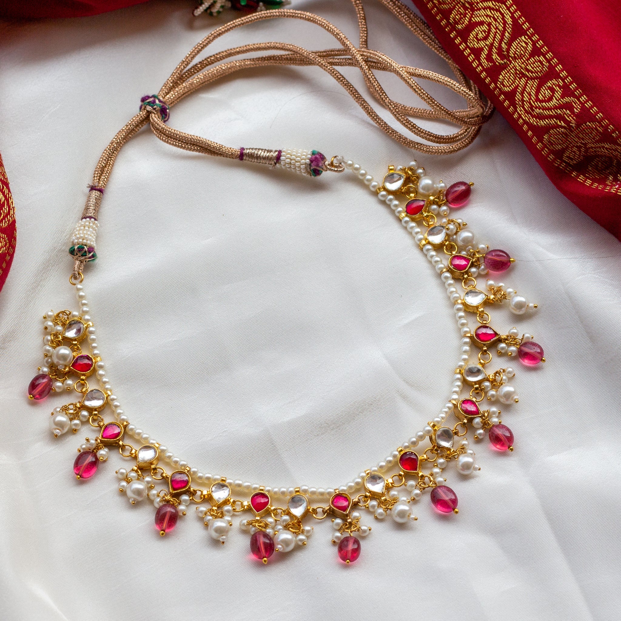 Handmade Pearl Line Jadau Kundan Necklace Set - Rani