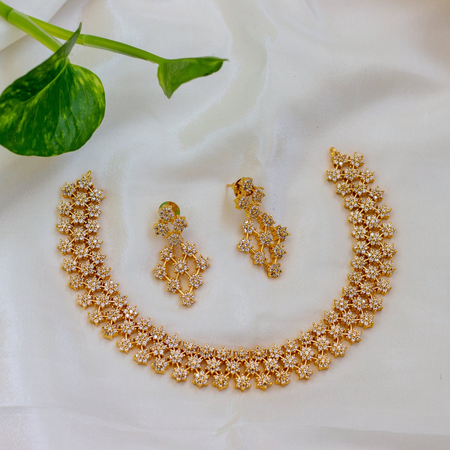 Gold Look AD Star 3 Line Bridal Necklace Set