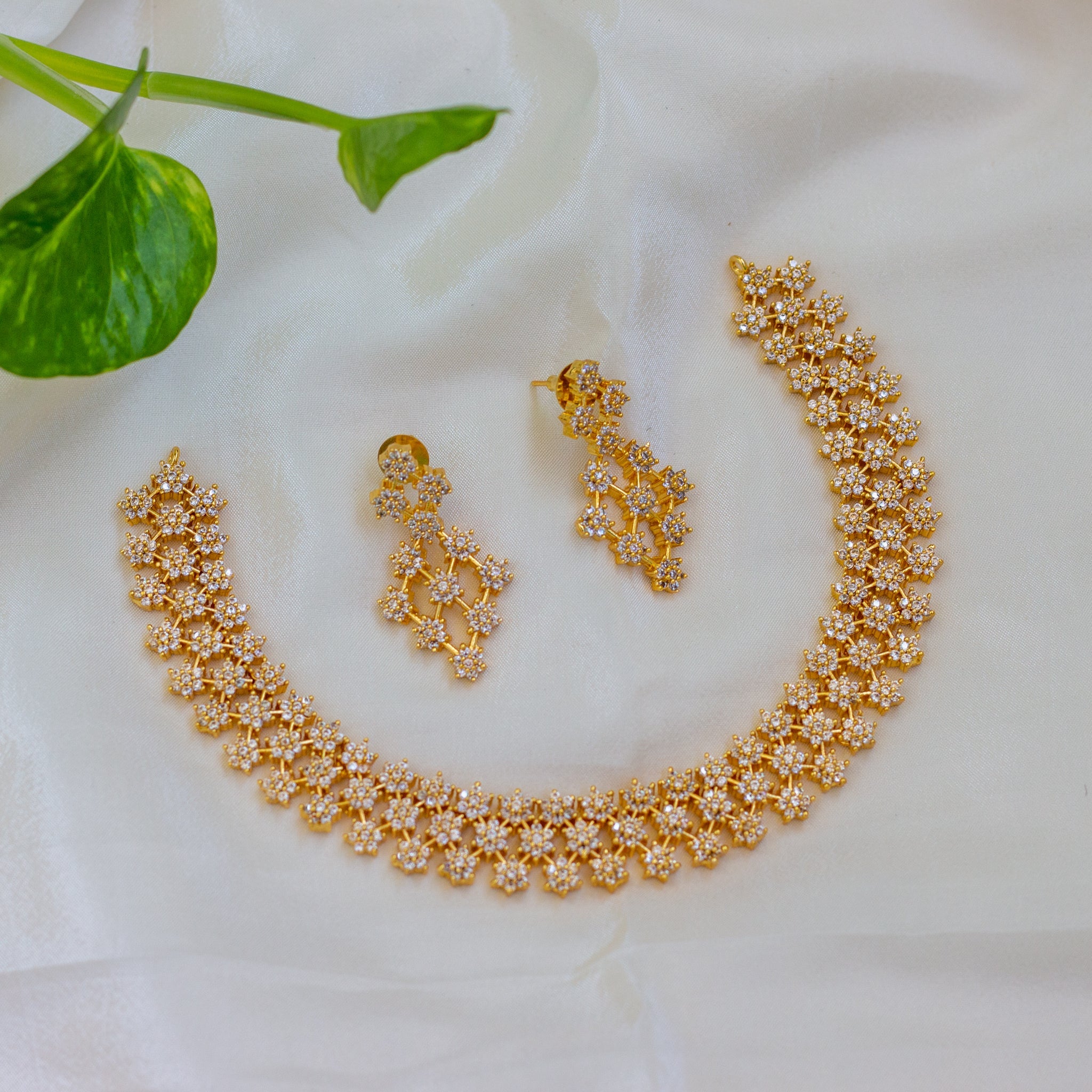 Gold Look AD Star 3 Line Bridal Necklace Set