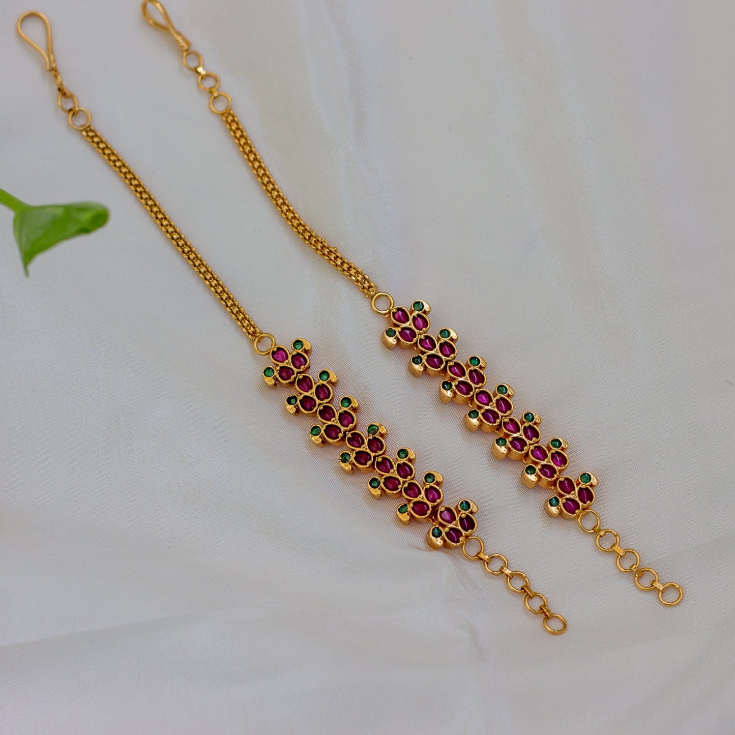 Premium Leaf Flower Kemp Bridal Ear Chain / Maatal / Kaan Chain - Red with Green - MT006