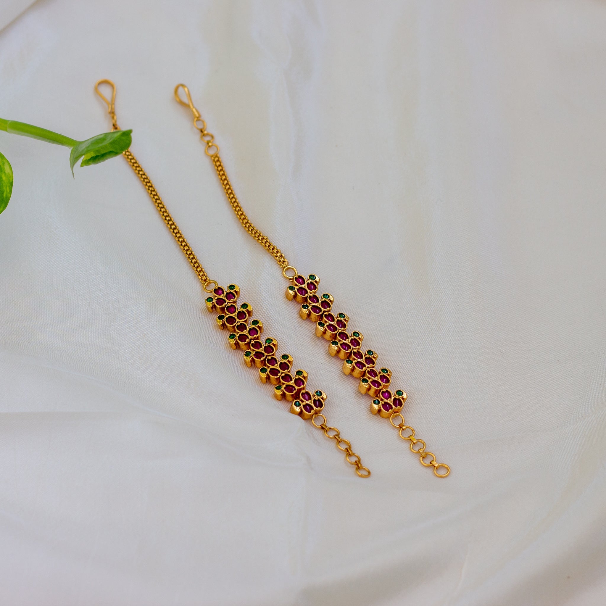 Premium Leaf Flower Kemp Bridal Ear Chain / Maatal / Kaan Chain - Red with Green - MT006