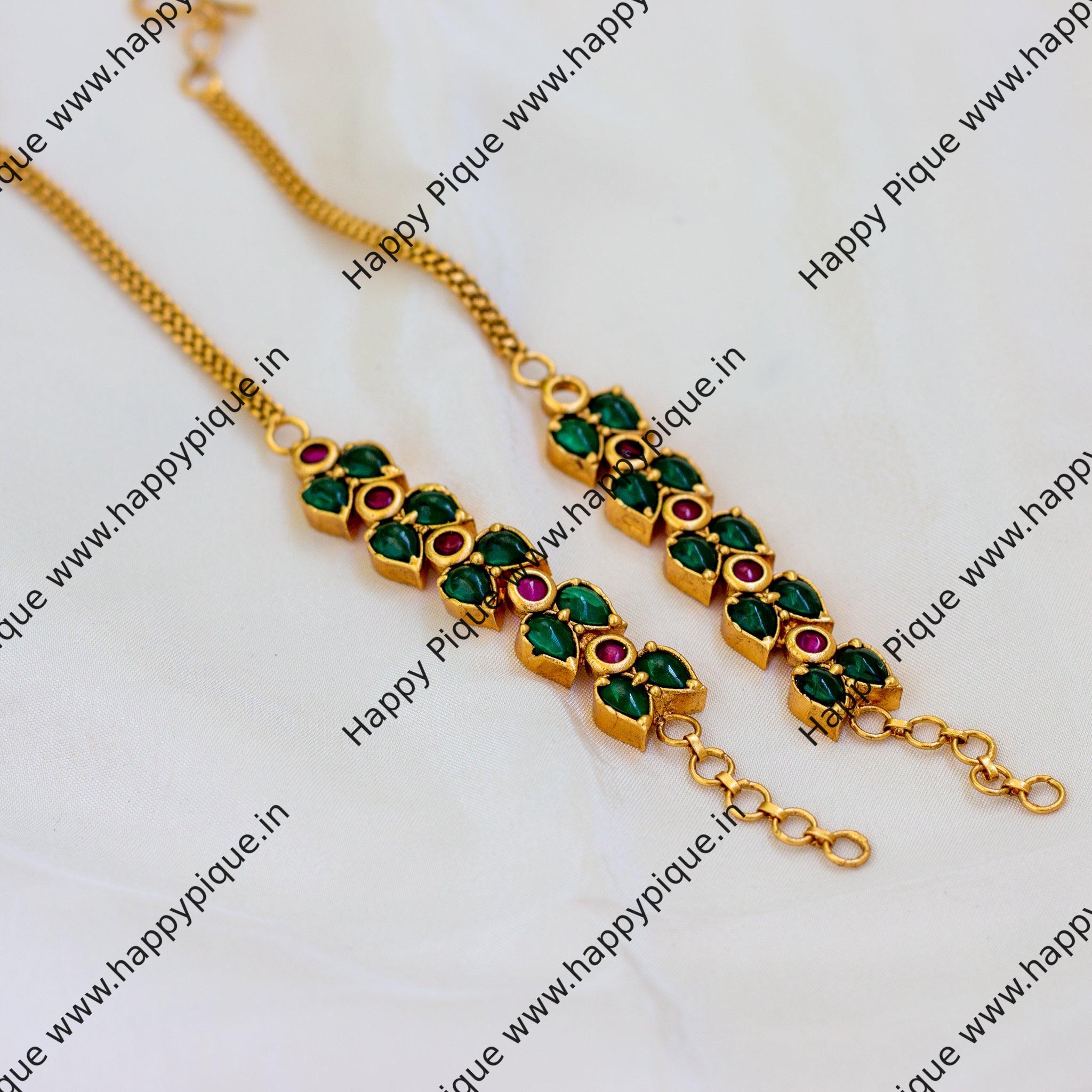 Premium Double Leaf Kemp Bridal Ear Chain / Maatal / Kaan Chain - Green with Red - MT003